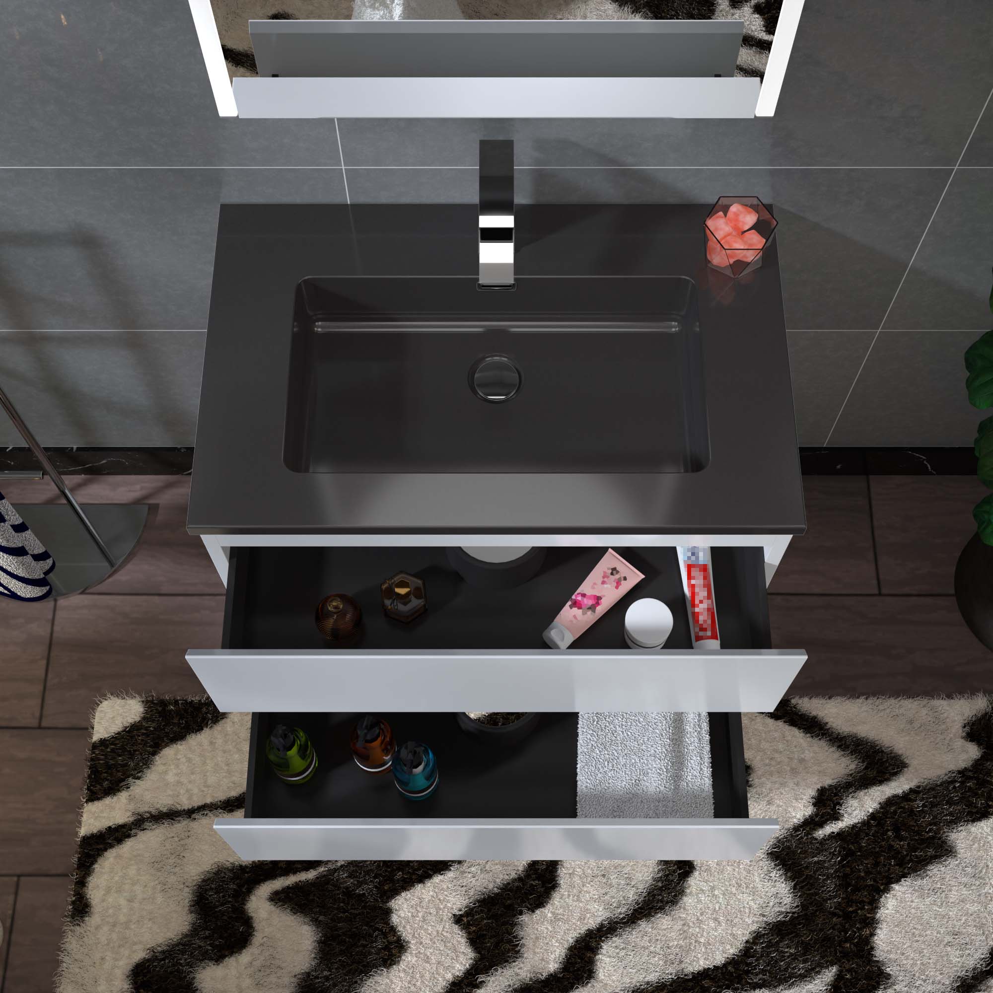  WOODBRIDGE 30 in. W x 18-7/8 in. D Contemporary Wall Hung Floating Vanity in High Gloss White with Quartz Sand Composite Vanity Top in Black with matching finish sink._12729