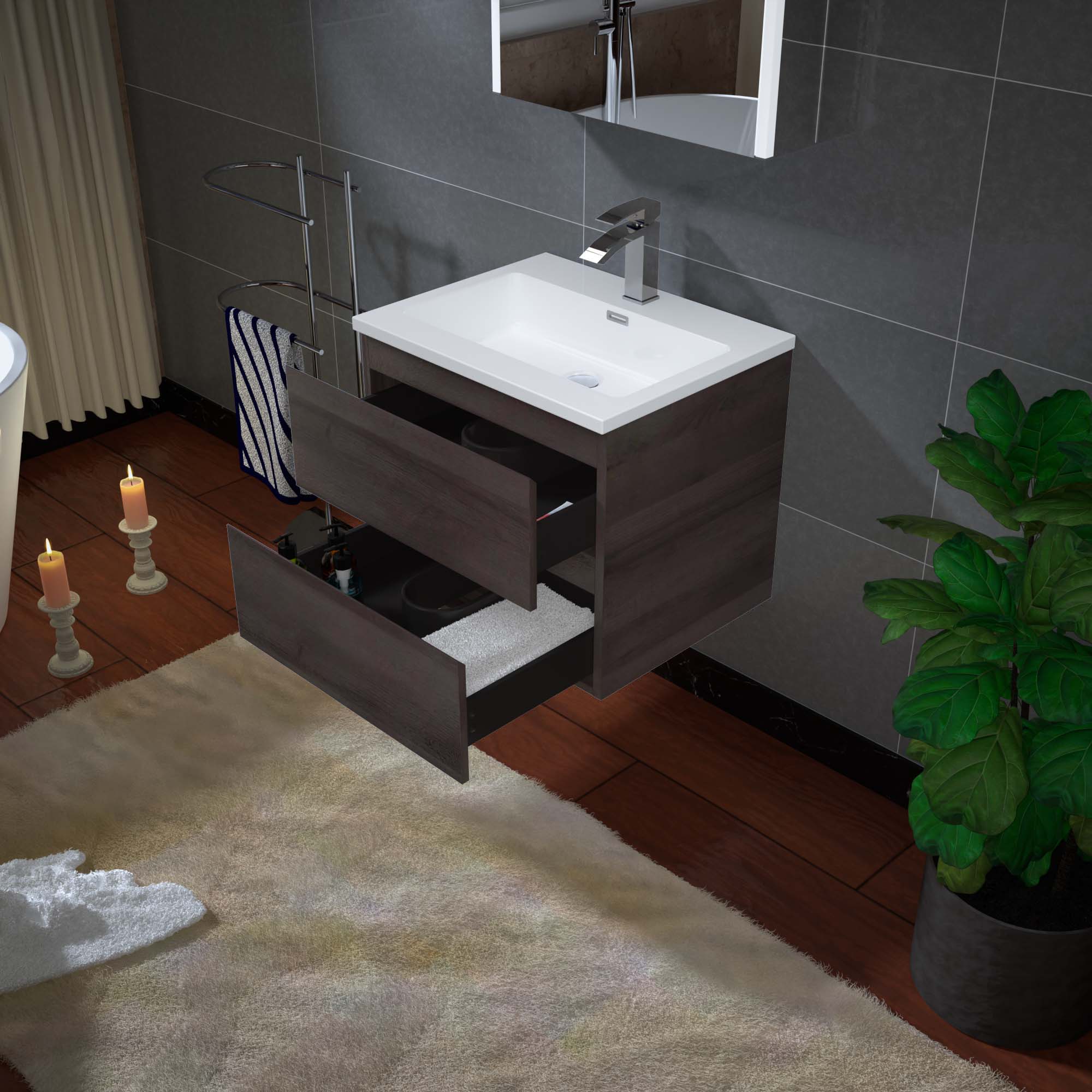 WOODBRIDGE 24 in. W x 18-7/8 in. D Contemporary Wall Hung Floating Vanity in Grey Oak with Resin Composite Vanity Top in White with matching finish sink._12733