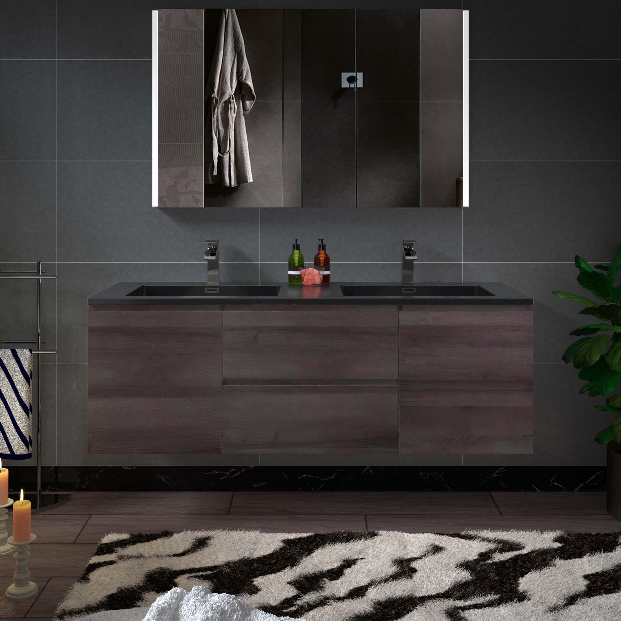 WOODBRIDGE 59 in. W x 18-7/8 in. D Contemporary Wall Hung Floating Vanity in Grey Oak with Quartz Sand Composite Vanity Top in Black with matching finish sink.