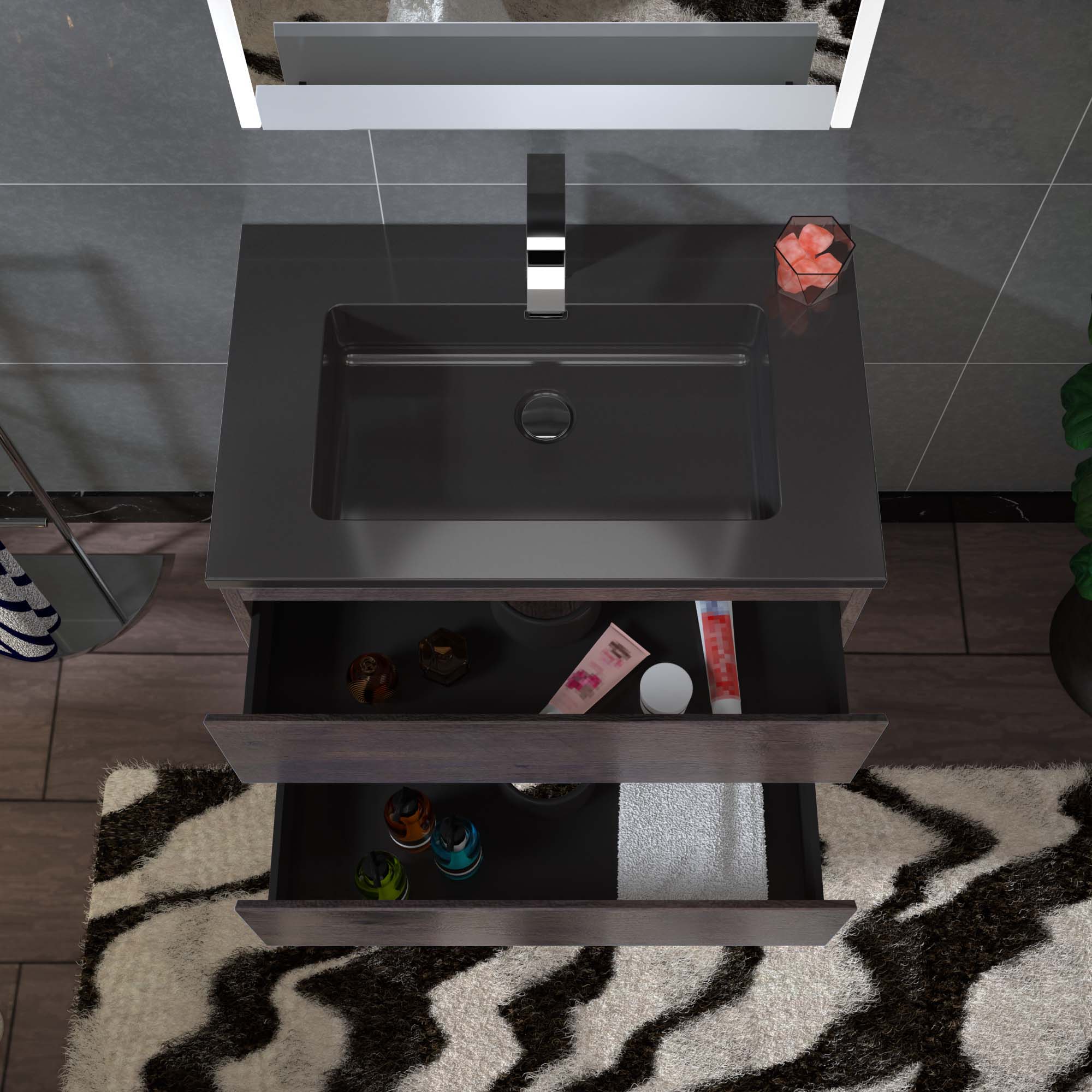  WOODBRIDGE 30 in. W x 18-7/8 in. D Contemporary Wall Hung Floating Vanity in Rose Wood with Quartz Sand Composite Vanity Top in Black with matching finish sink._12796