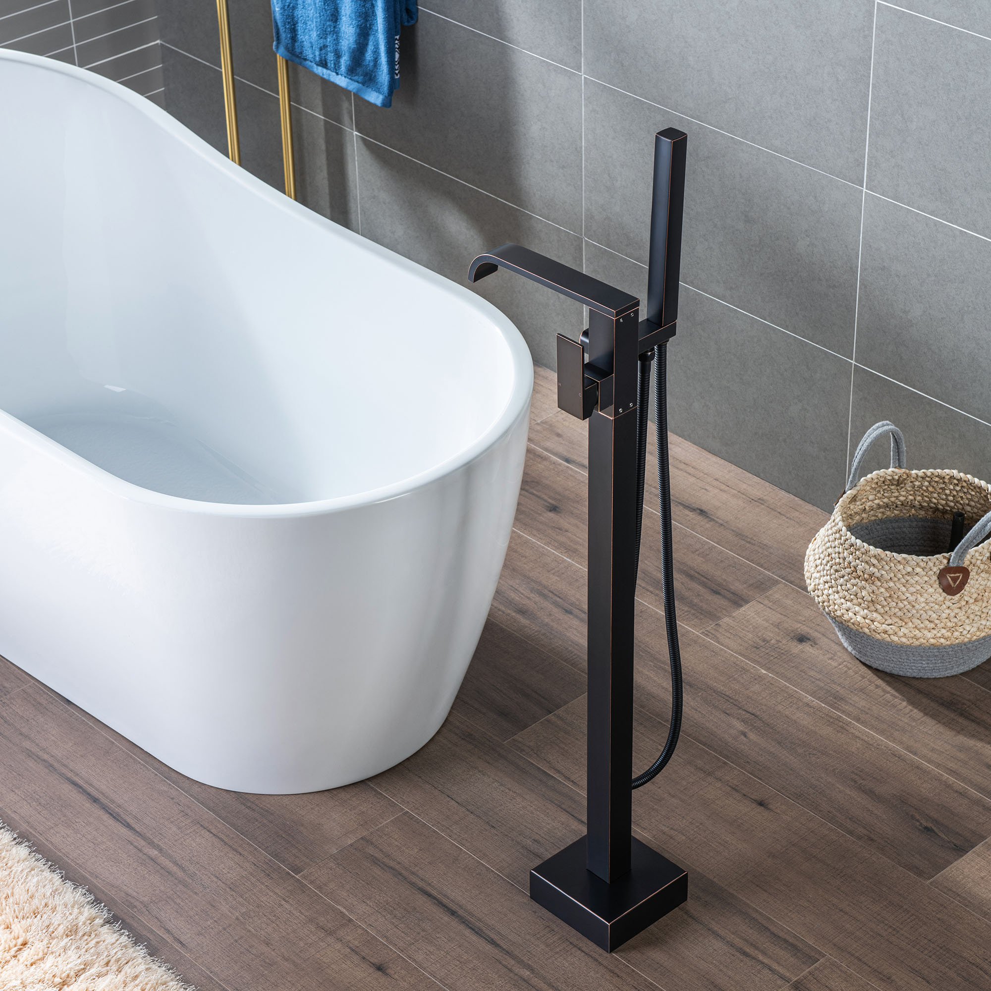  WOODBRIDGE F0038ORB Contemporary Single Handle Floor Mount Freestanding Tub Filler Faucet with Hand shower in Oil Rubbed Bronze Finish._12817