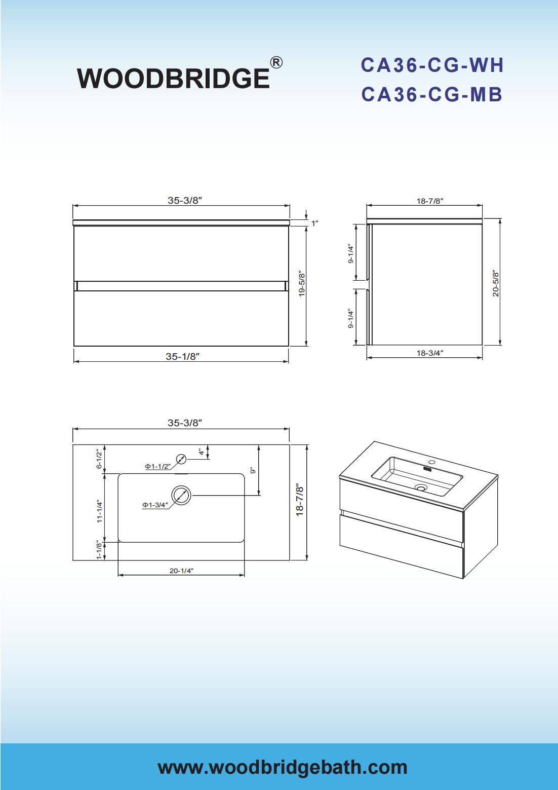  WOODBRIDGE 36 in. W x 18-7/8 in. D Contemporary Wall Hung Floating Vanity in Gray with Quartz Sand Composite Vanity Top in Black with matching finish sink._13850