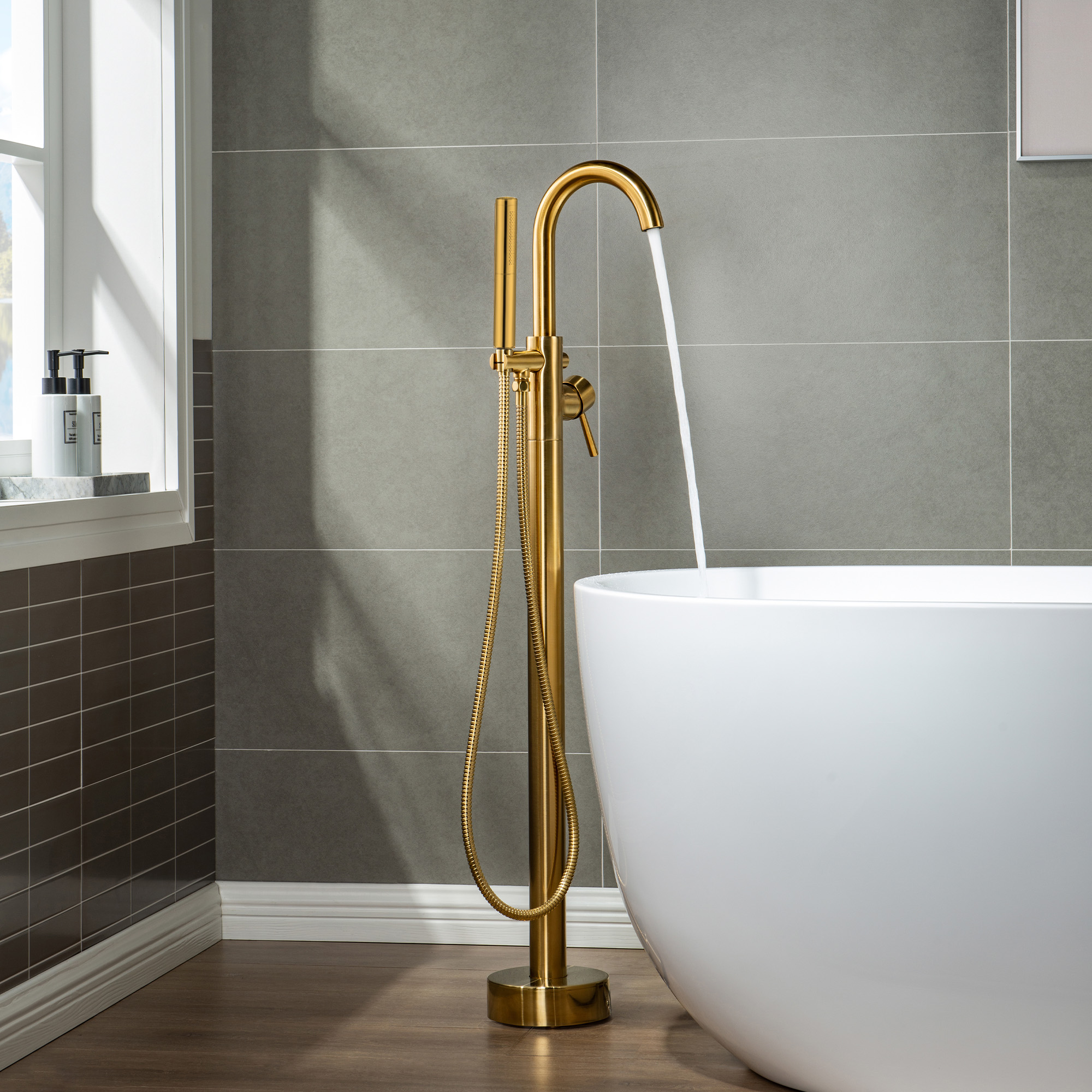  WOODBRIDGE F0007BGDR Contemporary Single Handle Floor Mount Freestanding Tub Filler Faucet with Hand shower in Brushed Gold Finish._14256