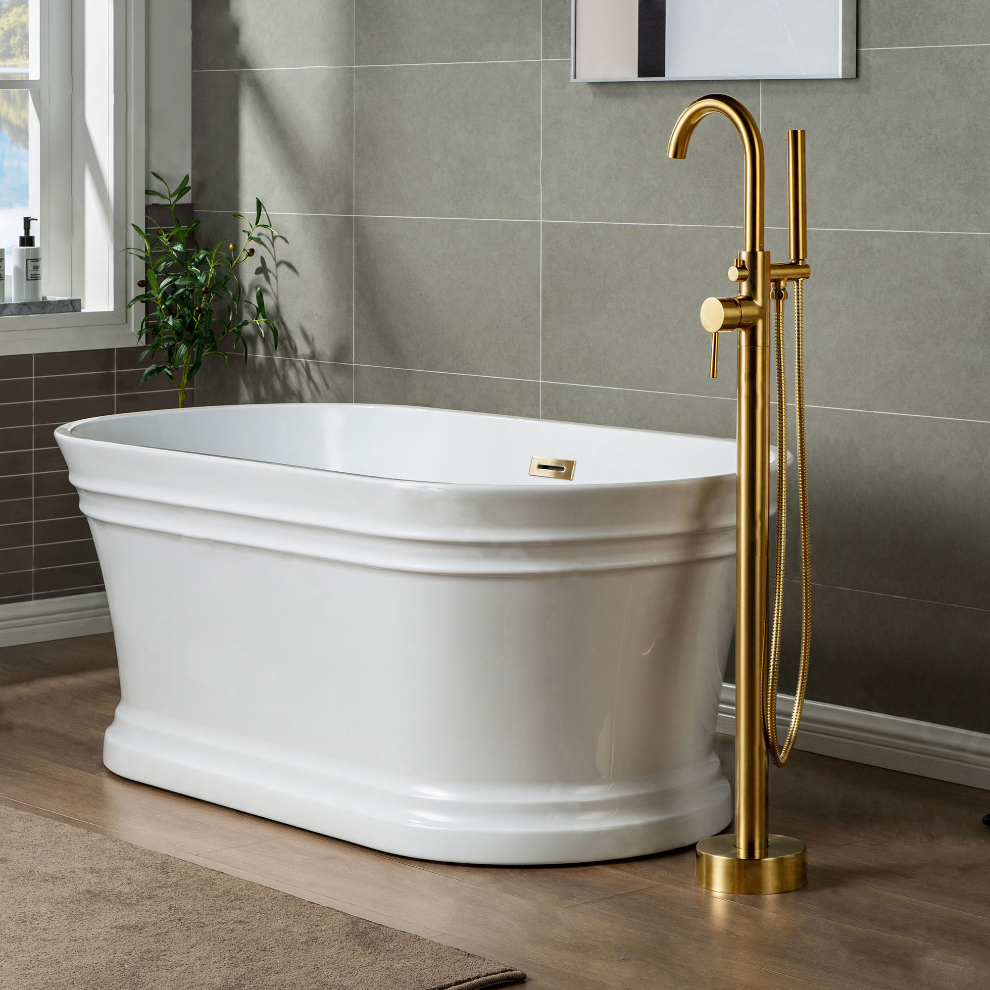  WOODBRIDGE F0007BGDR Contemporary Single Handle Floor Mount Freestanding Tub Filler Faucet with Hand shower in Brushed Gold Finish._14259