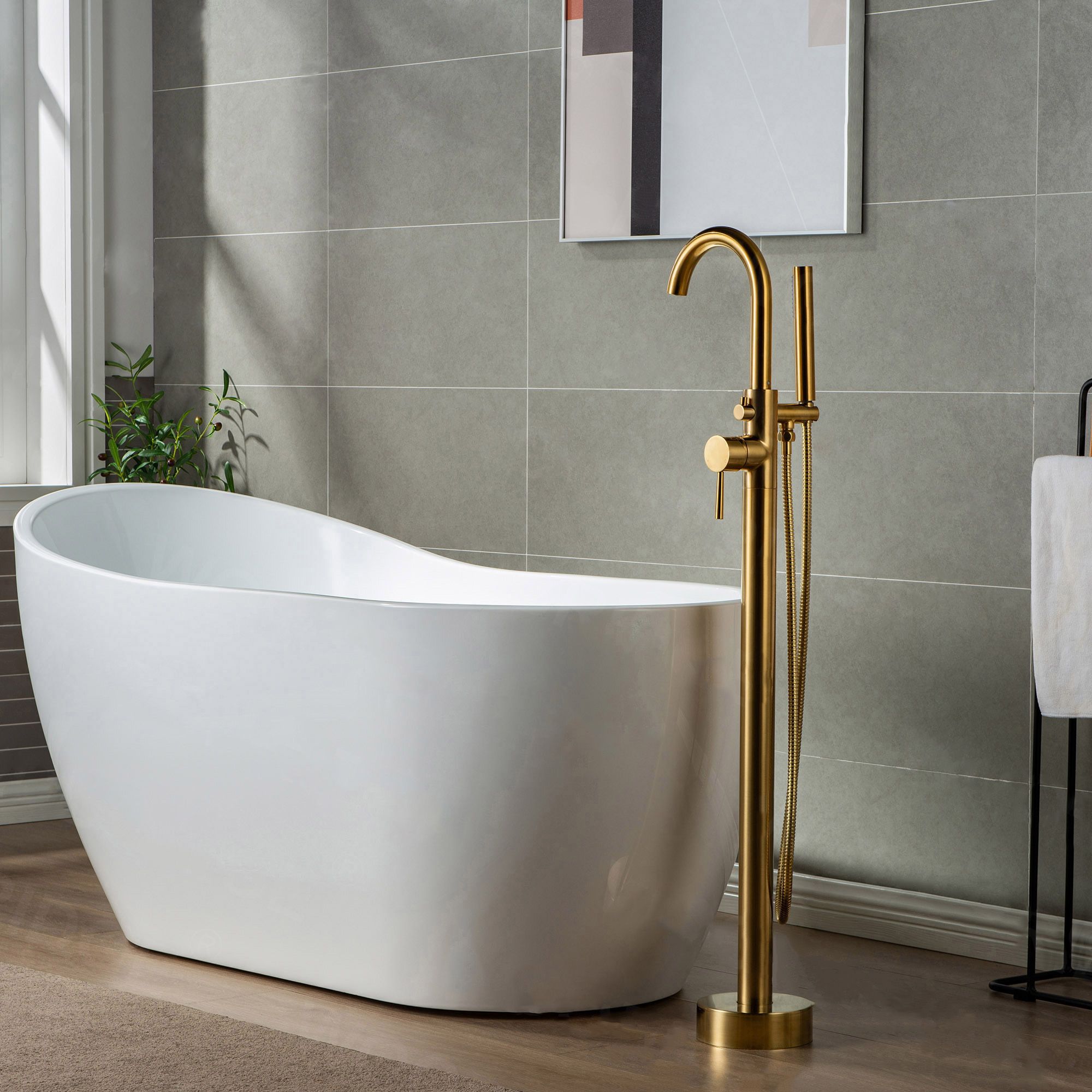  WOODBRIDGE F0007BGDR Contemporary Single Handle Floor Mount Freestanding Tub Filler Faucet with Hand shower in Brushed Gold Finish._14262