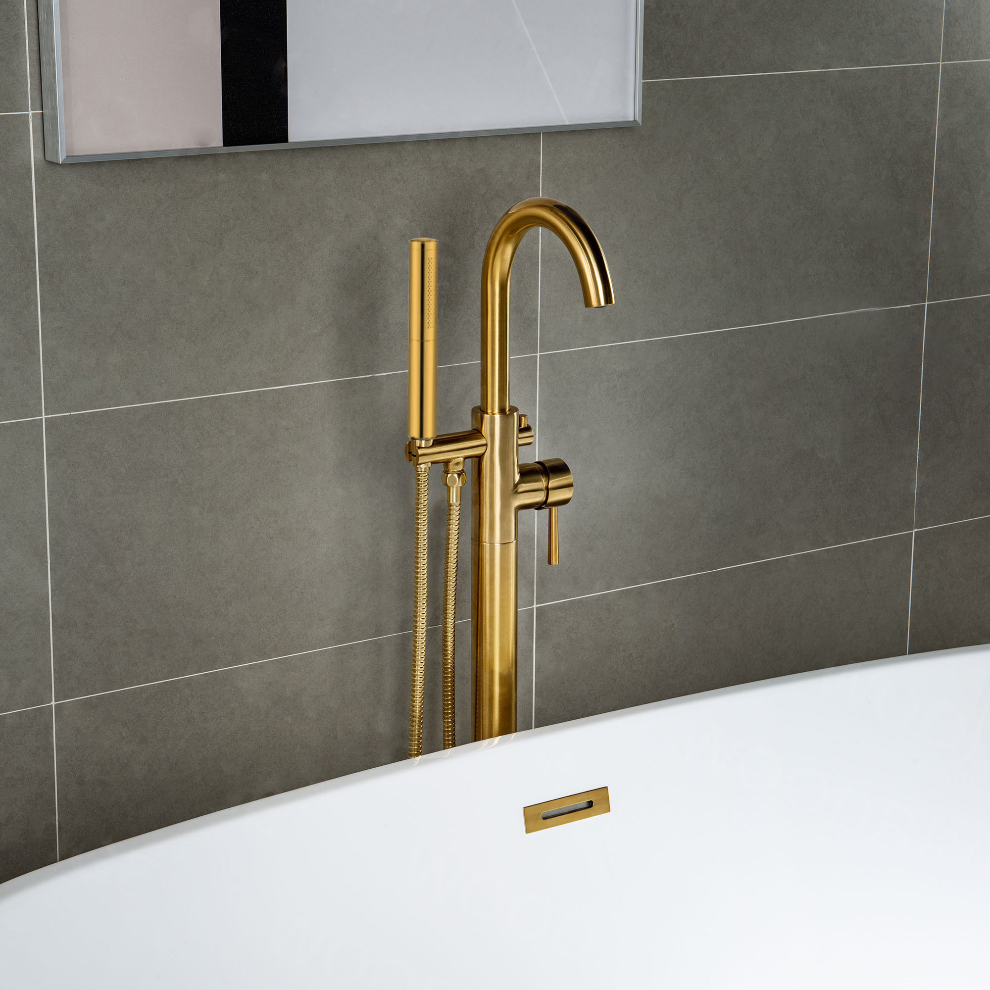 WOODBRIDGE F0007BGDR Contemporary Single Handle Floor Mount Freestanding Tub Filler Faucet with Hand shower in Brushed Gold Finish._14264