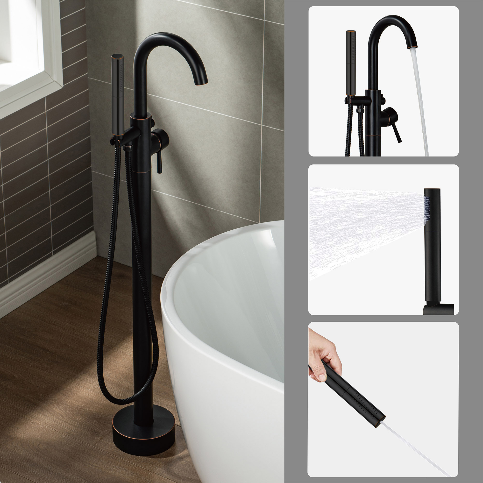  WOODBRIDGE F0010ORBDR Contemporary Single Handle Floor Mount Freestanding Tub Filler Faucet with Hand shower in Oil Rubbed Bronze Finish._14266