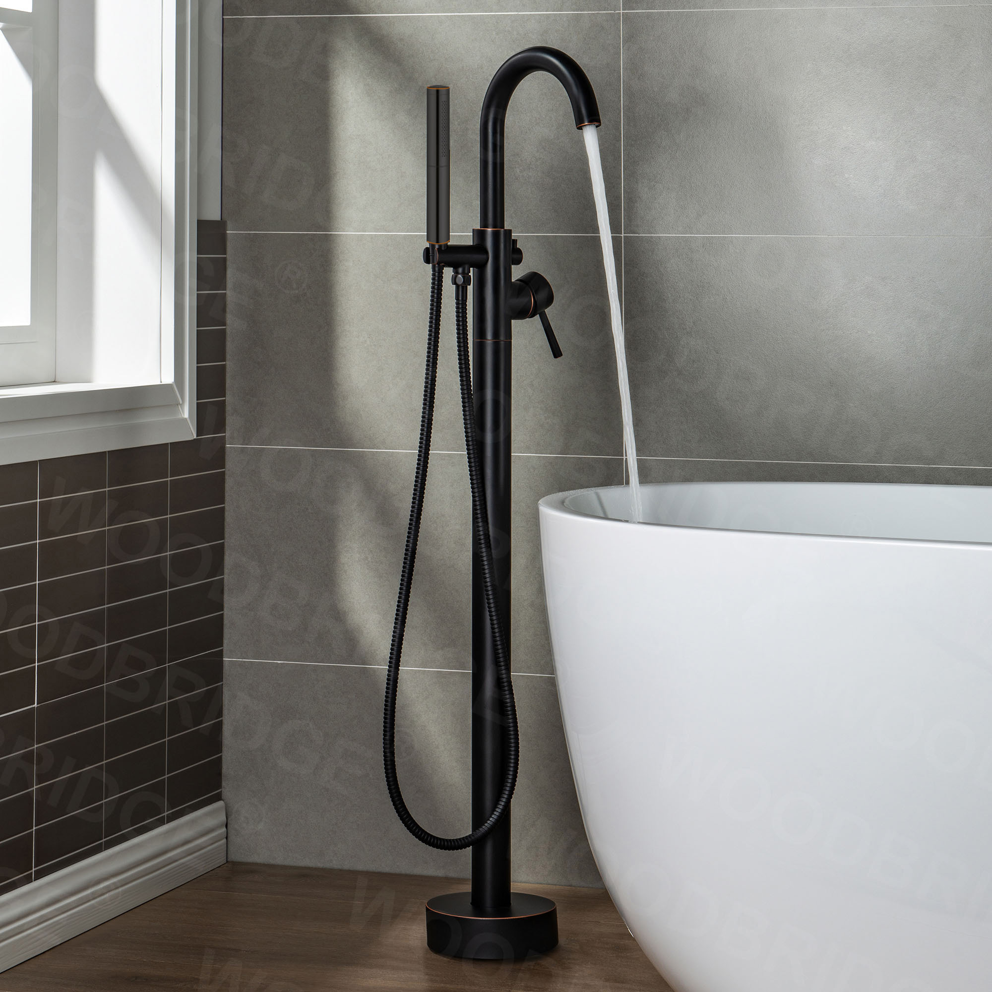 WOODBRIDGE F0010ORBDR Contemporary Single Handle Floor Mount Freestanding Tub Filler Faucet with Hand shower in Oil Rubbed Bronze Finish._14267