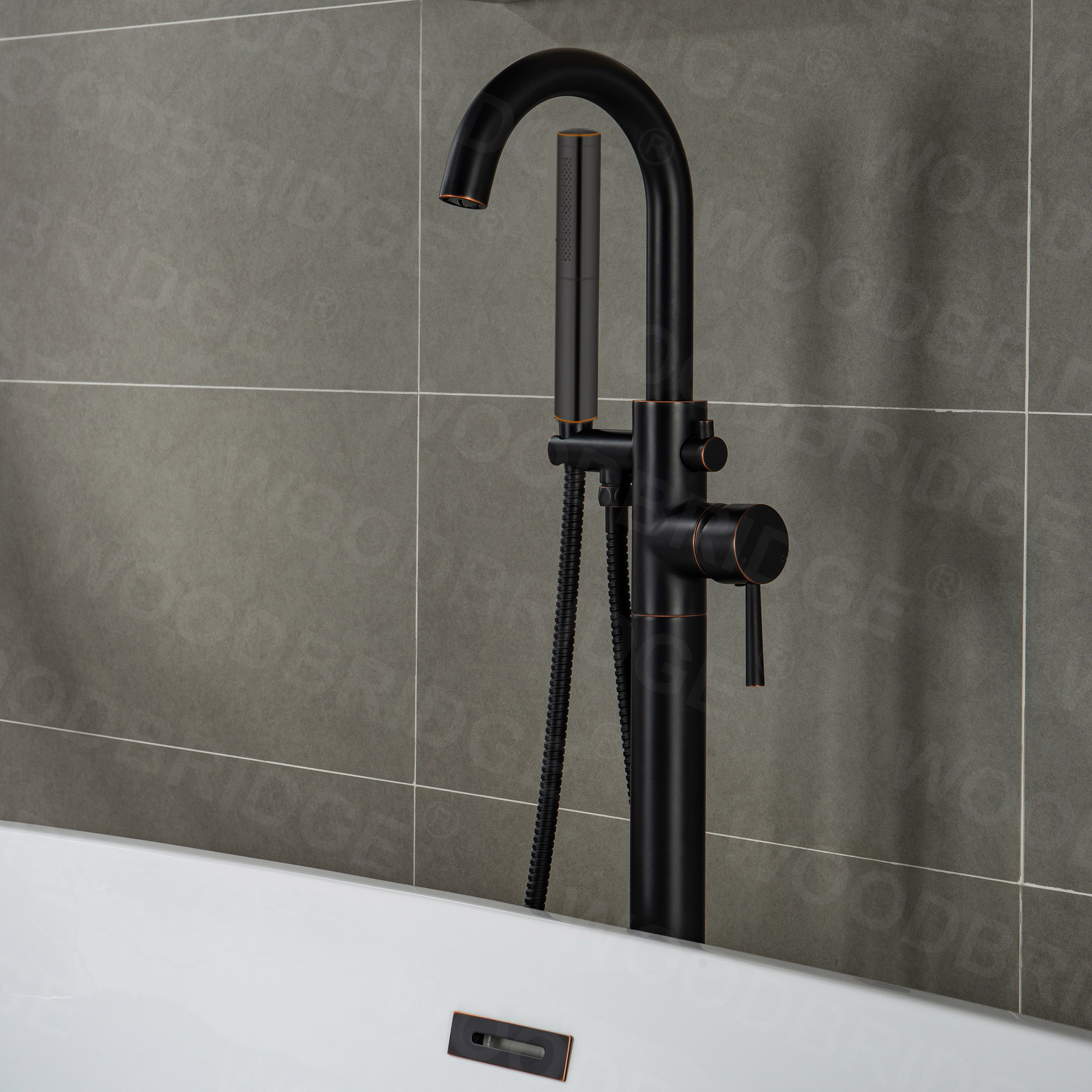  WOODBRIDGE F0010ORBDR Contemporary Single Handle Floor Mount Freestanding Tub Filler Faucet with Hand shower in Oil Rubbed Bronze Finish._14269