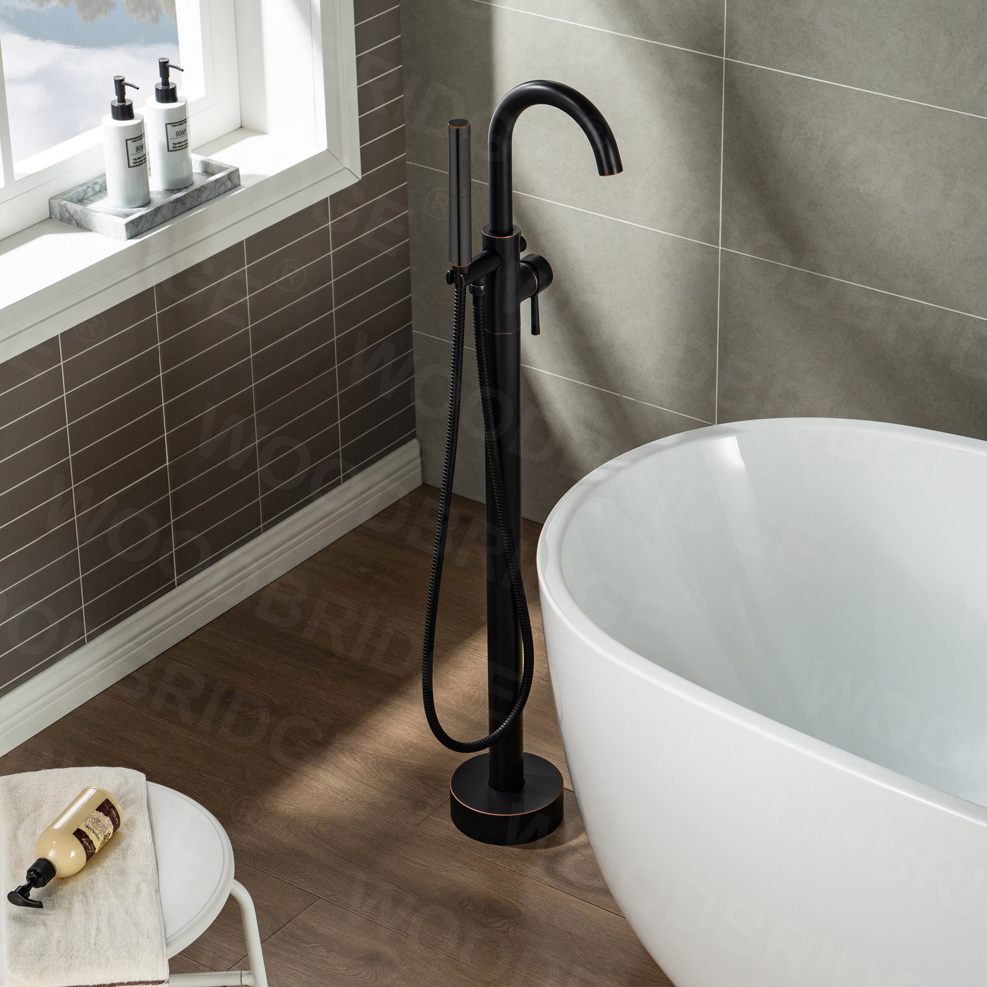  WOODBRIDGE F0010ORBDR Contemporary Single Handle Floor Mount Freestanding Tub Filler Faucet with Hand shower in Oil Rubbed Bronze Finish._14272