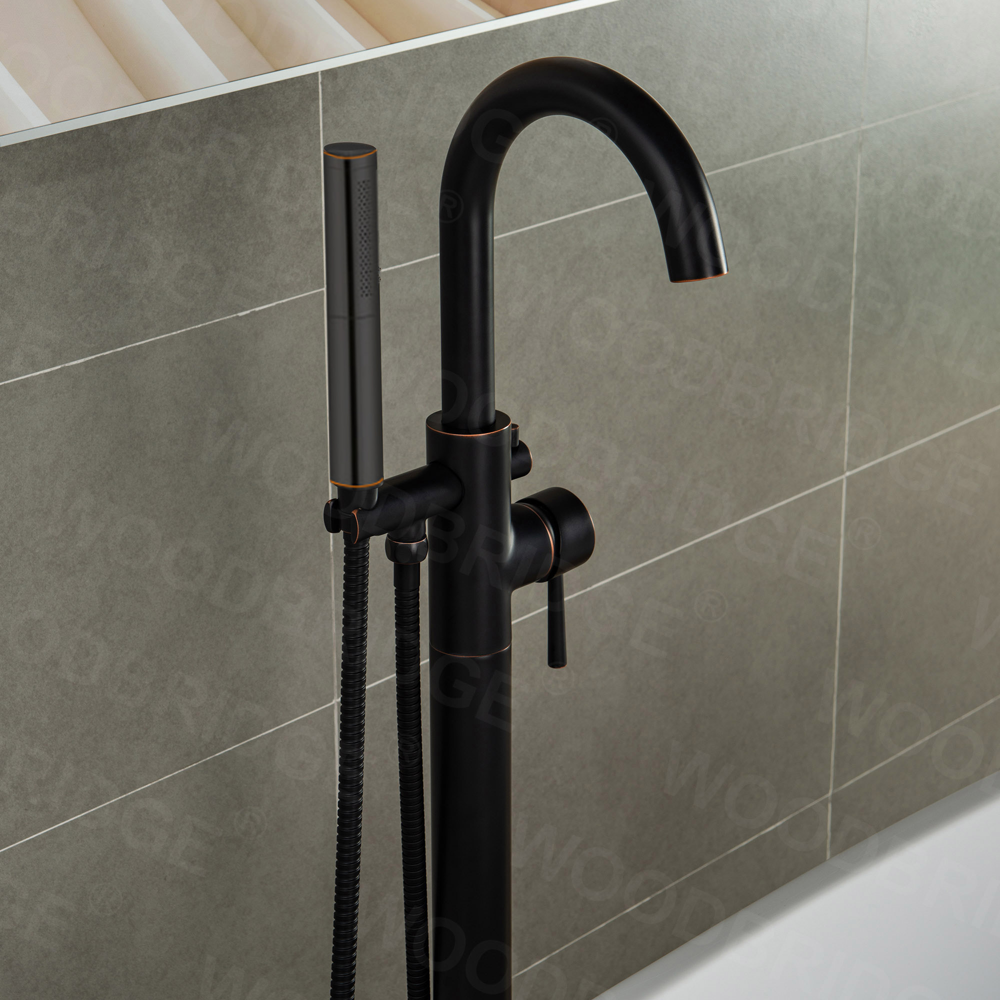  WOODBRIDGE F0010ORBDR Contemporary Single Handle Floor Mount Freestanding Tub Filler Faucet with Hand shower in Oil Rubbed Bronze Finish._14273