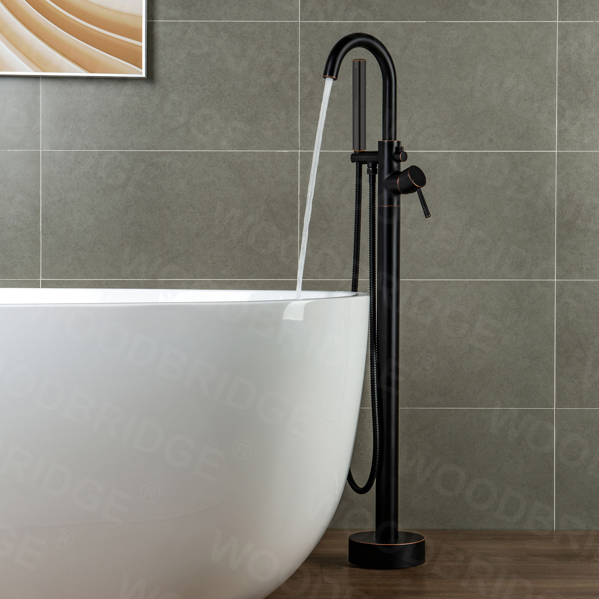  WOODBRIDGE F0010ORBDR Contemporary Single Handle Floor Mount Freestanding Tub Filler Faucet with Hand shower in Oil Rubbed Bronze Finish._14274