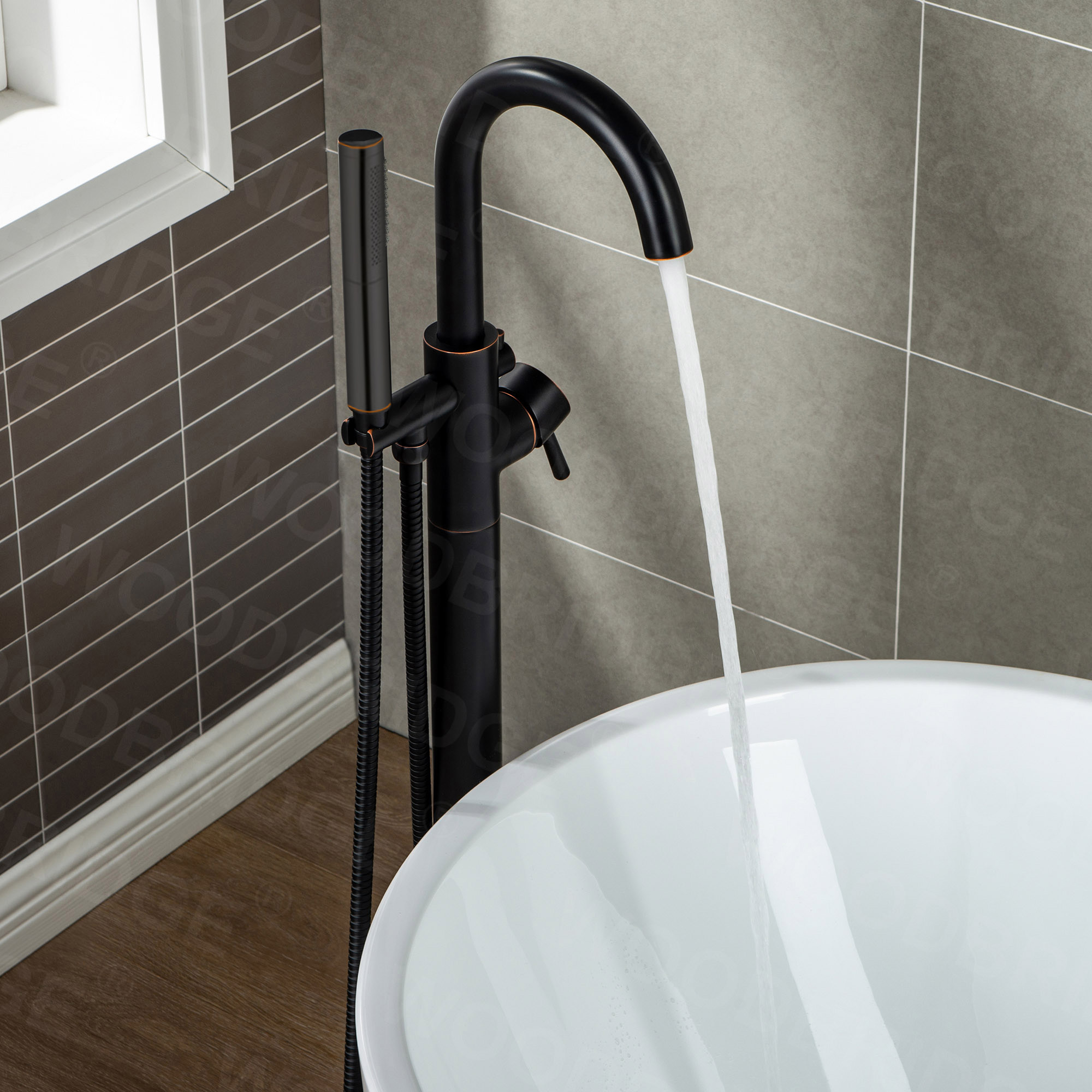  WOODBRIDGE F0010ORBDR Contemporary Single Handle Floor Mount Freestanding Tub Filler Faucet with Hand shower in Oil Rubbed Bronze Finish._14275