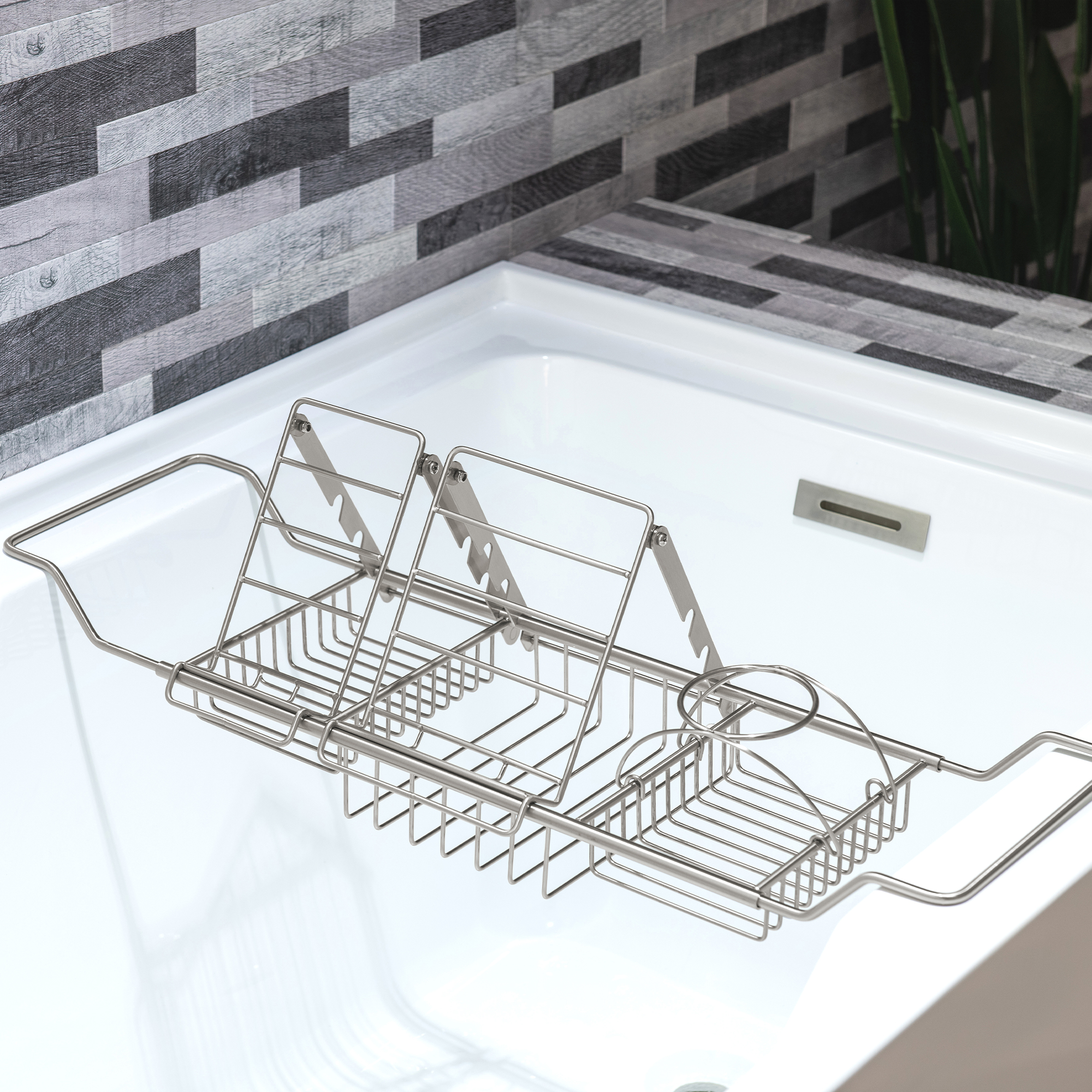  WOODBRIDGE Stainless Steel Extendable Bathtub Caddy Tray in Brushed Nickel Finish with Removable Wine Holder, Book and Phone Rack, Bathcad-BN_14305