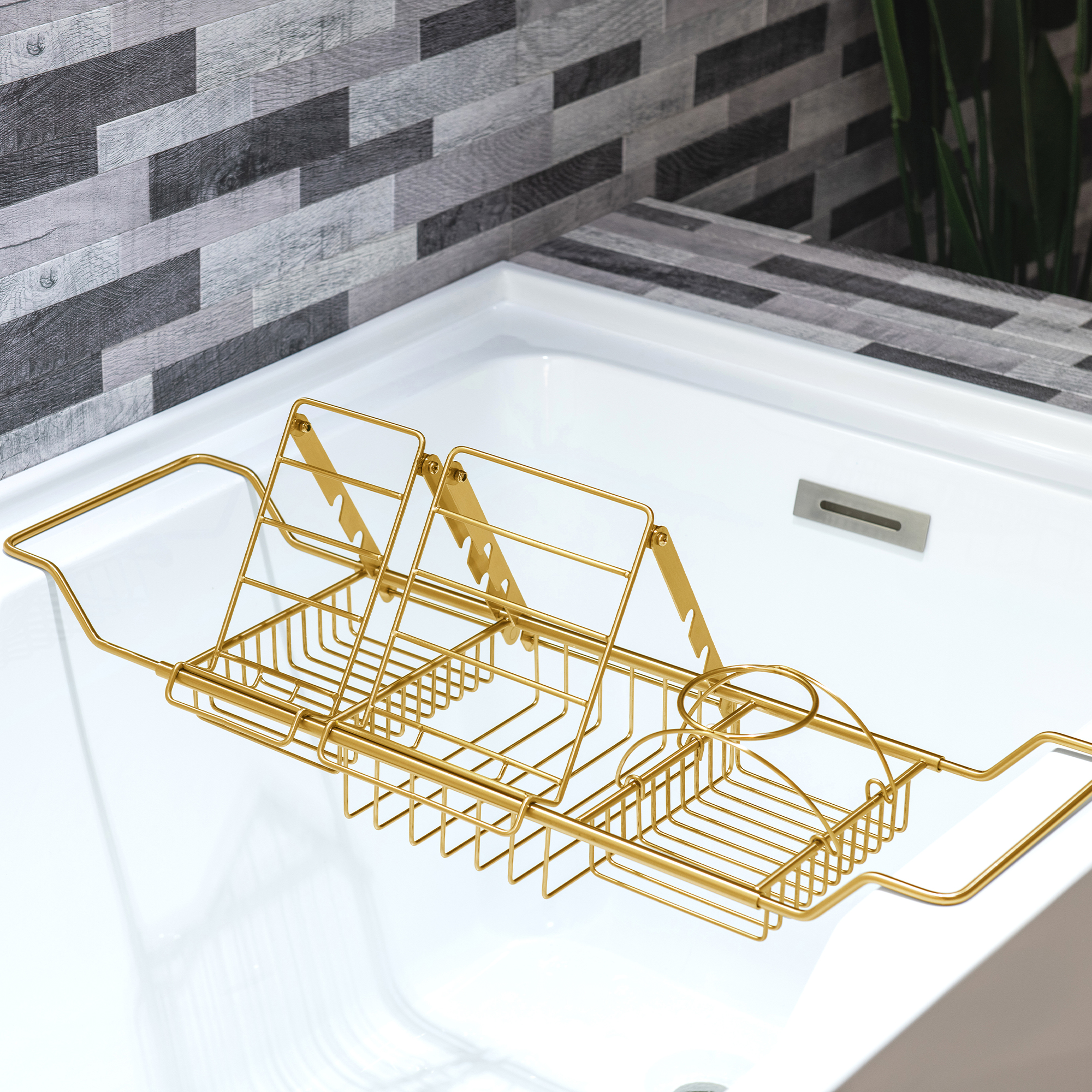  WOODBRIDGE Stainless Steel Extendable Bathtub Caddy Tray in Brushed Gold Finish with Removable Wine Holder, Book and Phone Rack, Bathcad-BG_14311
