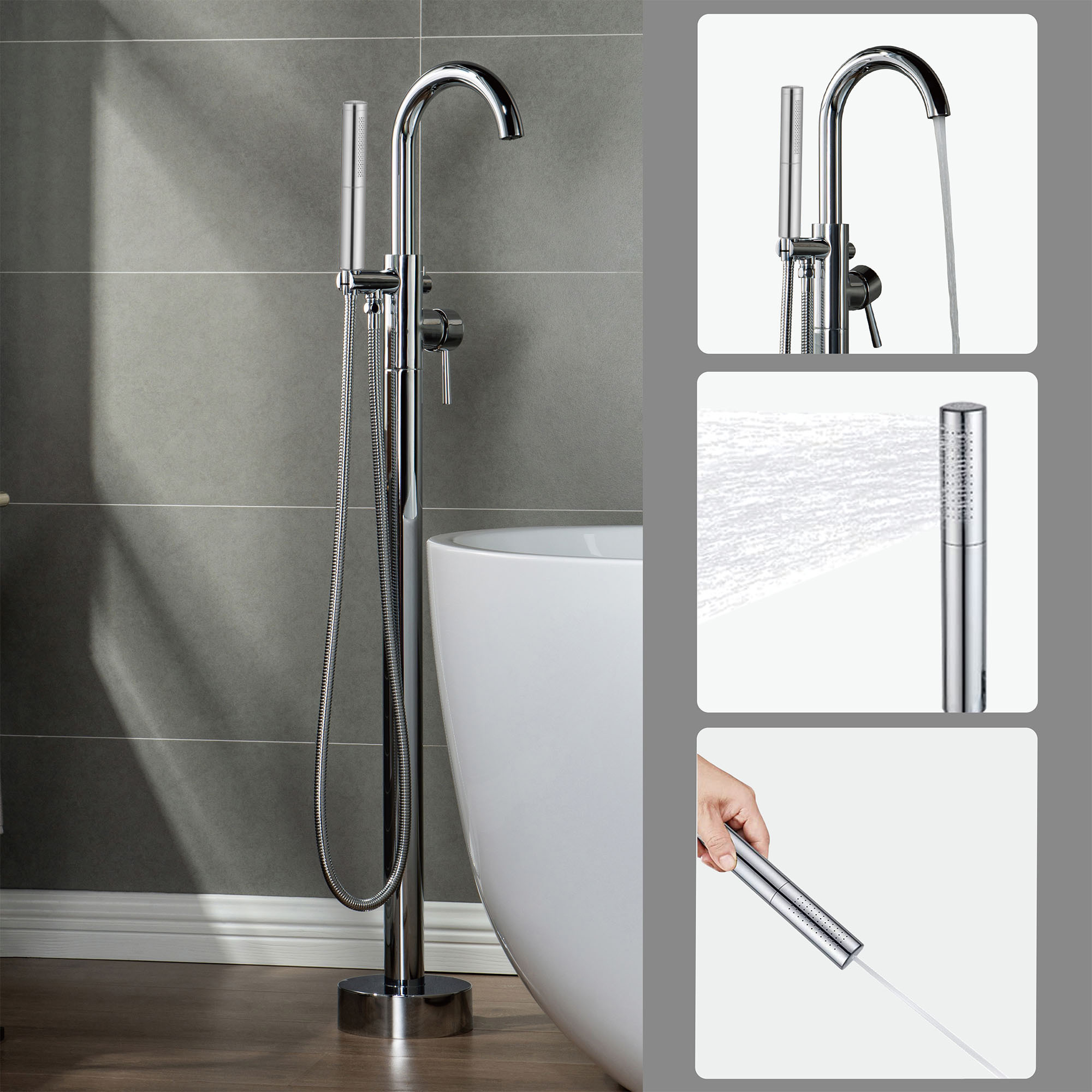 WOODBRIDGE F0002CHDR Contemporary Single Handle Floor Mount Freestanding Tub Filler Faucet with Hand shower in Chrome Finish.