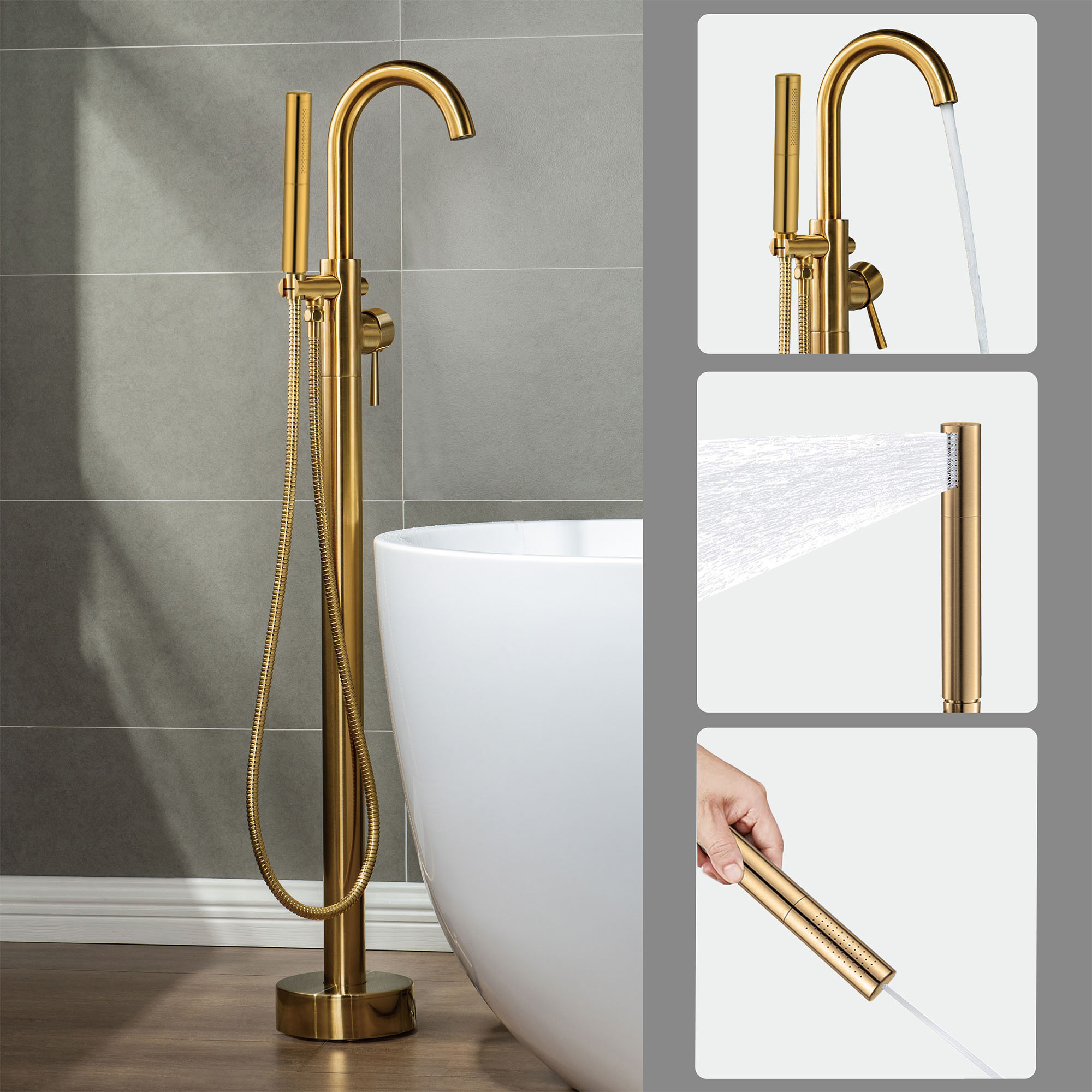 WOODBRIDGE F0007BGDR Contemporary Single Handle Floor Mount Freestanding Tub Filler Faucet with Hand shower in Brushed Gold Finish.