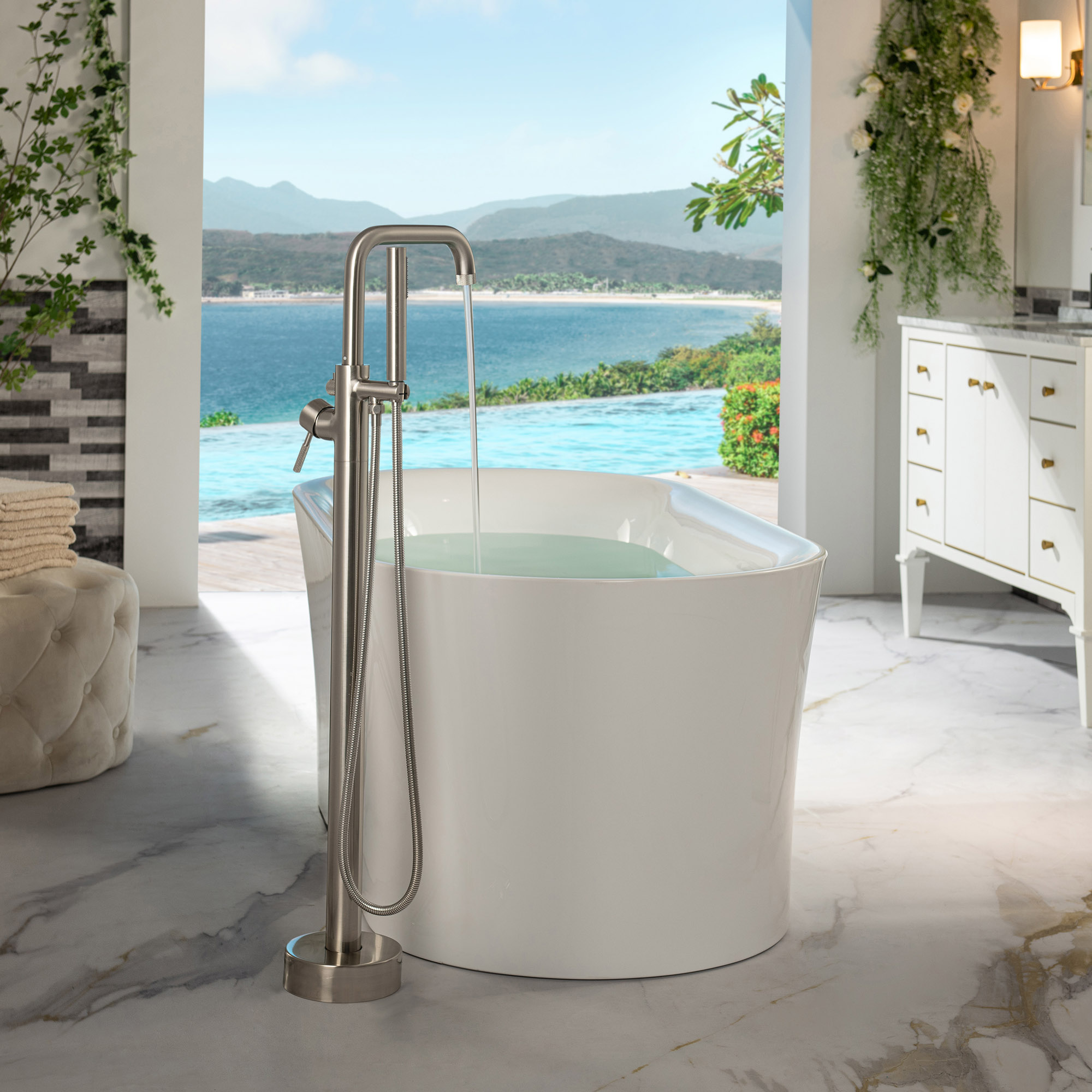  WOODBRIDGE F0070BNRD Contemporary Single Handle Floor Mount Freestanding Tub Filler Faucet with Cylinder Style Hand Shower in Brushed Nickel Finish._14664