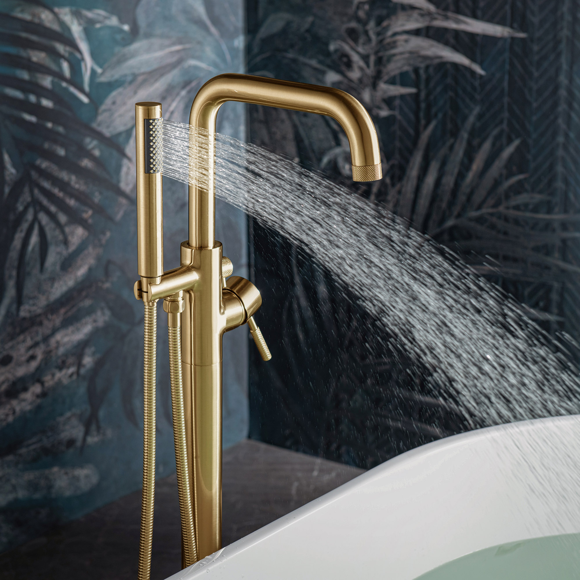 WOODBRIDGE F0073BGRD Contemporary Single Handle Floor Mount Freestanding Tub Filler Faucet with Cylinder Style Hand Shower in Brushed Gold Finish._14691