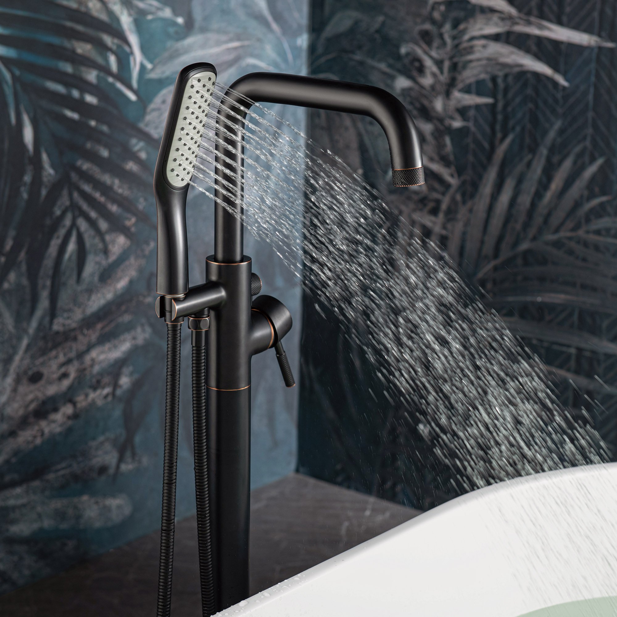  WOODBRIDGE F0074ORBSQ Fusion Single Handle Floor Mount Freestanding Tub Filler Faucet with Square Shape Hand Shower in Oil Rubbed Bronze Finish._14697