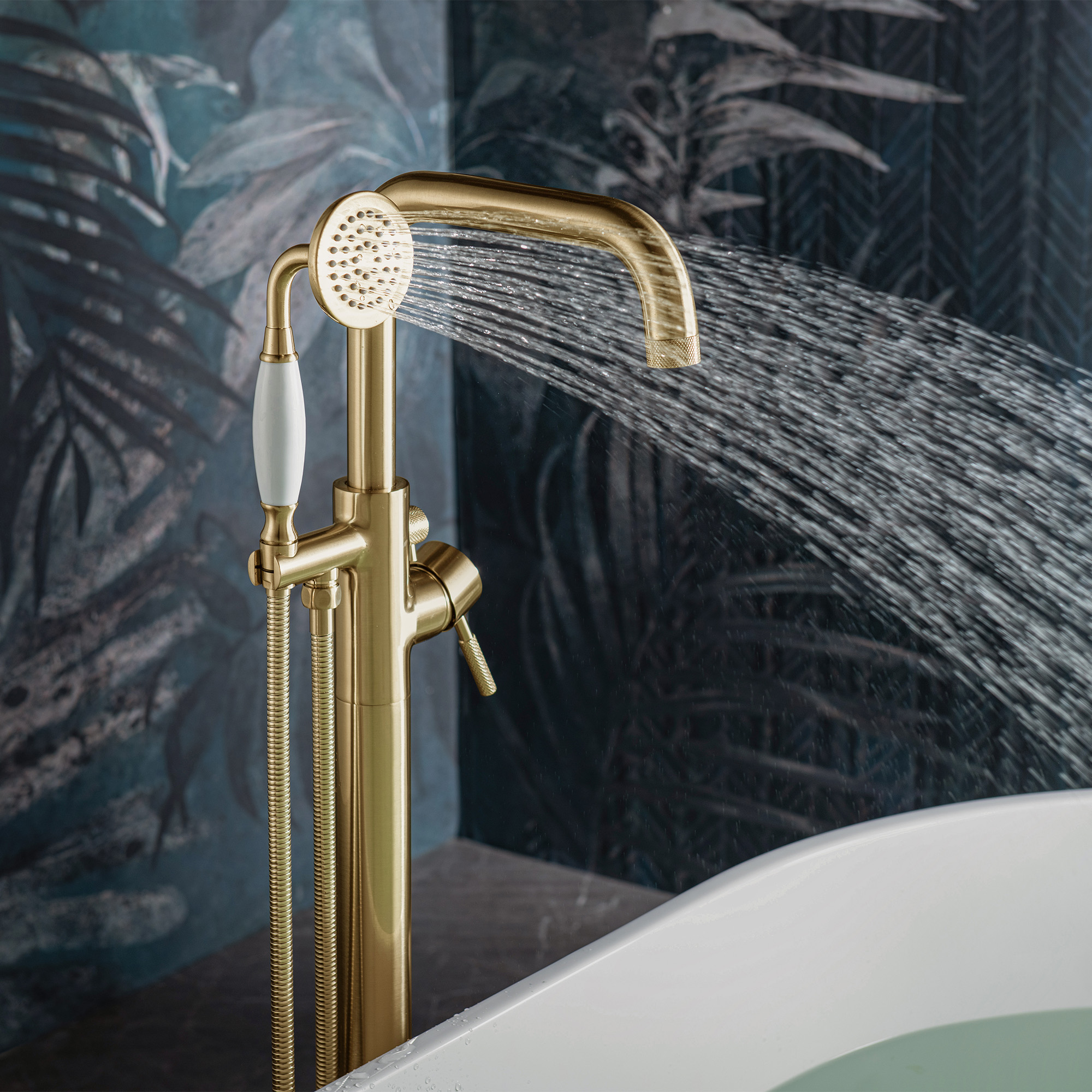  WOODBRIDGE F0073BGVT Fusion Single Handle Floor Mount Freestanding Tub Filler Faucet with Classic Telephone Style Hand Shower in Brushed Gold Finish._14802