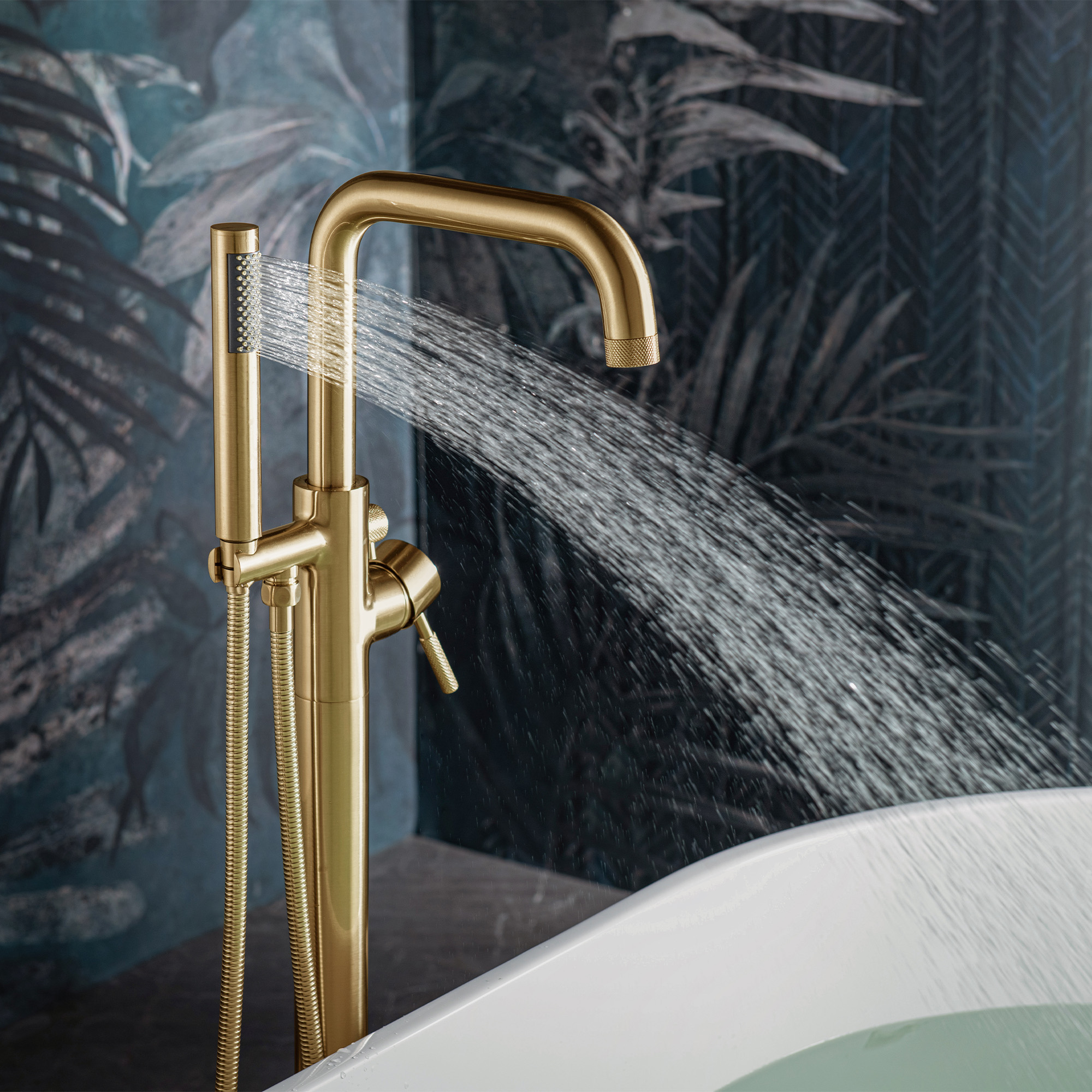  WOODBRIDGE F0073BGRD Contemporary Single Handle Floor Mount Freestanding Tub Filler Faucet with Cylinder Style Hand Shower in Brushed Gold Finish._14803
