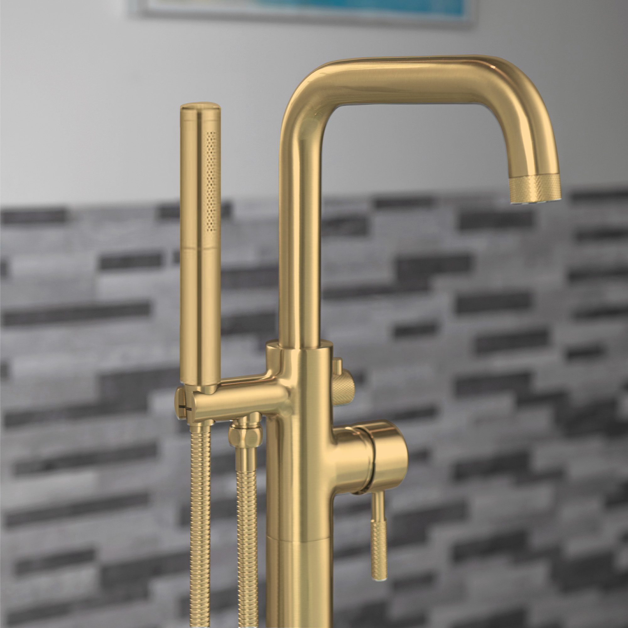  WOODBRIDGE F0073BGDR Contemporary Single Handle Floor Mount Freestanding Tub Filler Faucet with 2 Function Cylinder Style Hand Shower in Brushed Gold Finish._14821