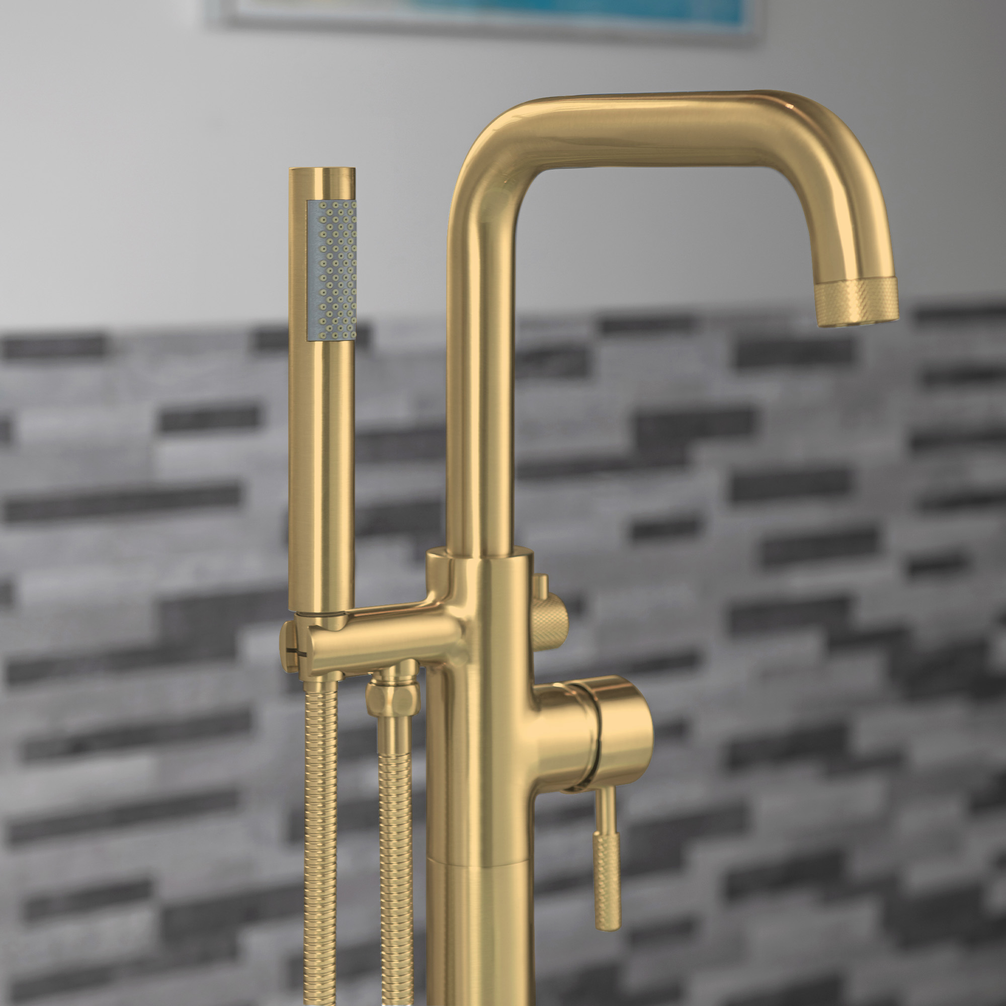  WOODBRIDGE F0073BGRD Contemporary Single Handle Floor Mount Freestanding Tub Filler Faucet with Cylinder Style Hand Shower in Brushed Gold Finish._14823