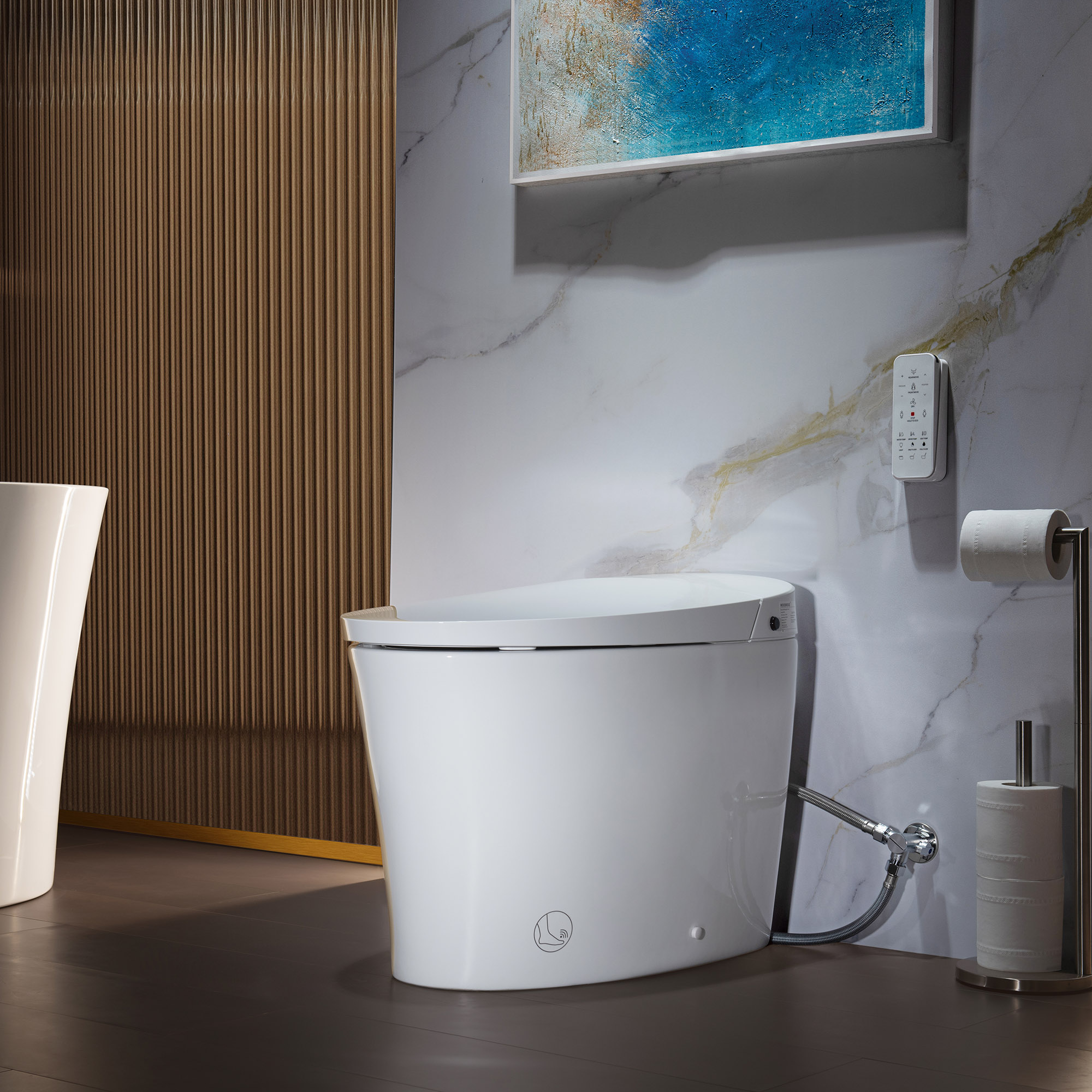  WOODBRIDGE EBT700 One Piece Elongated Smart Toilet Bidet, Auto Open & Close, Auto Flush, Foot Sensor Operation, Heated Seat with Integrated Multi Function Remote Control in White _14209