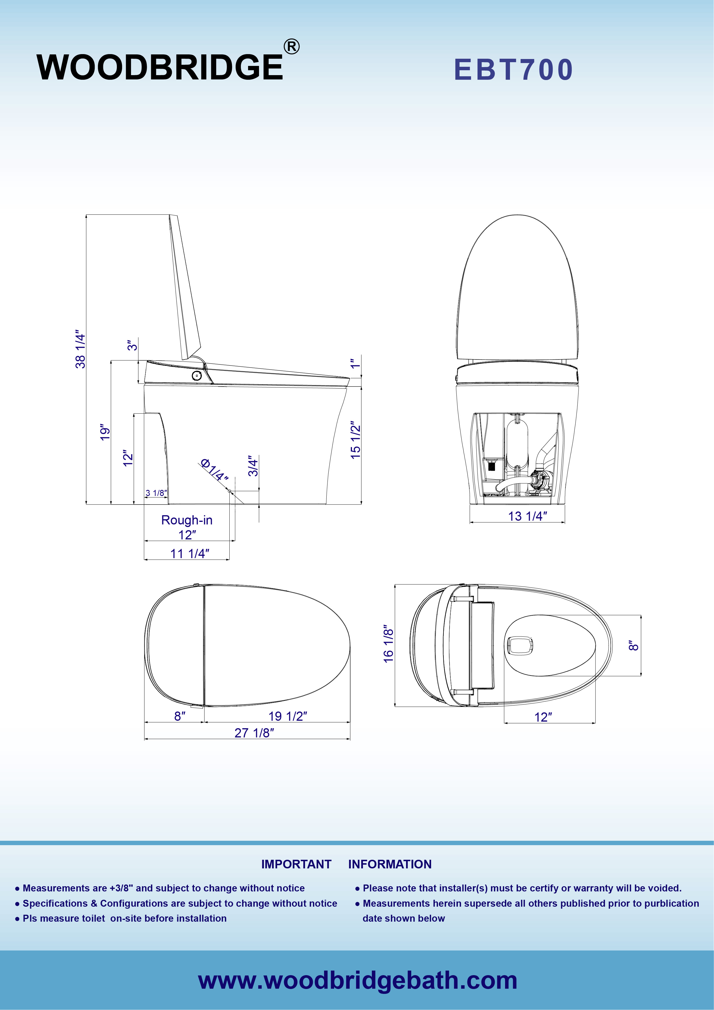  WOODBRIDGE EBT700 One Piece Elongated Smart Toilet Bidet, Auto Open & Close, Auto Flush, Foot Sensor Operation, Heated Seat with Integrated Multi Function Remote Control in White _14212