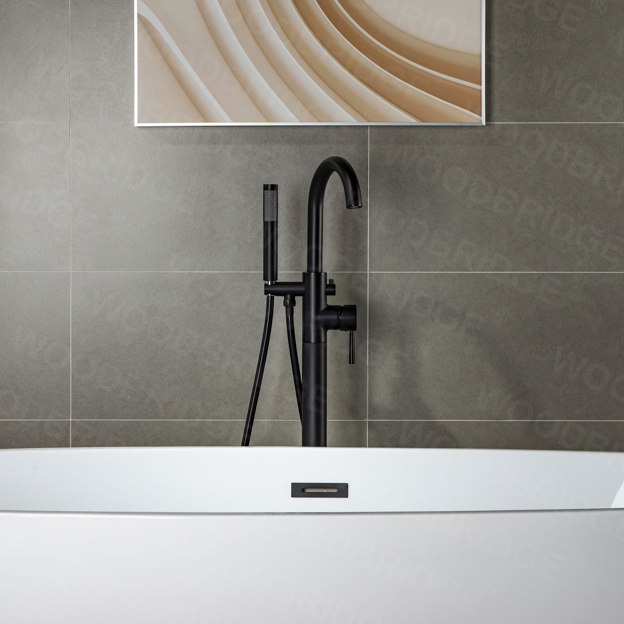 WOODBRIDGE F0006BLRD Contemporary Single Handle Floor Mount Freestanding Tub Filler Faucet with Hand shower in Matte Black Finish._14846