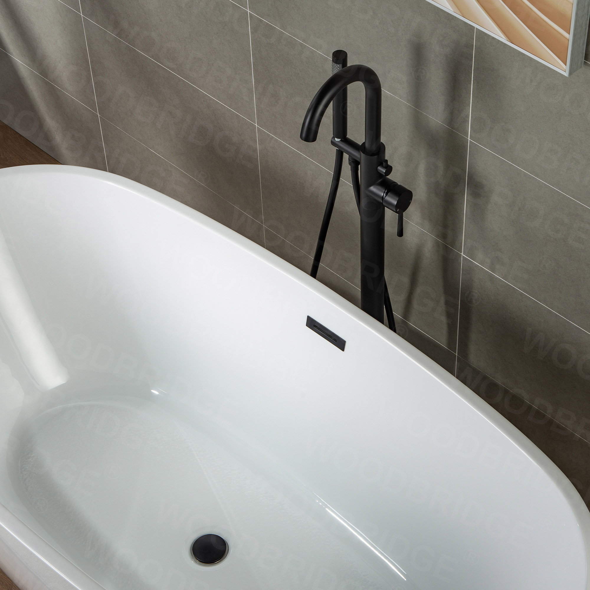  WOODBRIDGE F0006BLRD Contemporary Single Handle Floor Mount Freestanding Tub Filler Faucet with Hand shower in Matte Black Finish._14851