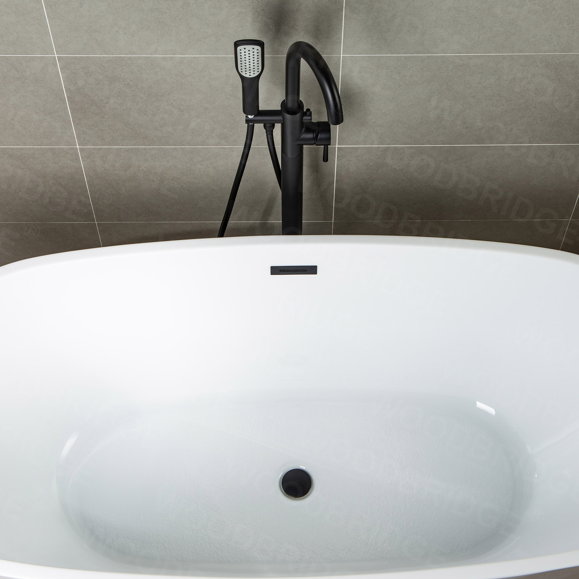  WOODBRIDGE F0006MBSQ Fusion Single Handle Floor Mount Freestanding Tub Filler Faucet with Square Shape Comfort Grip Hand Shower in Matte Black Finish._14888