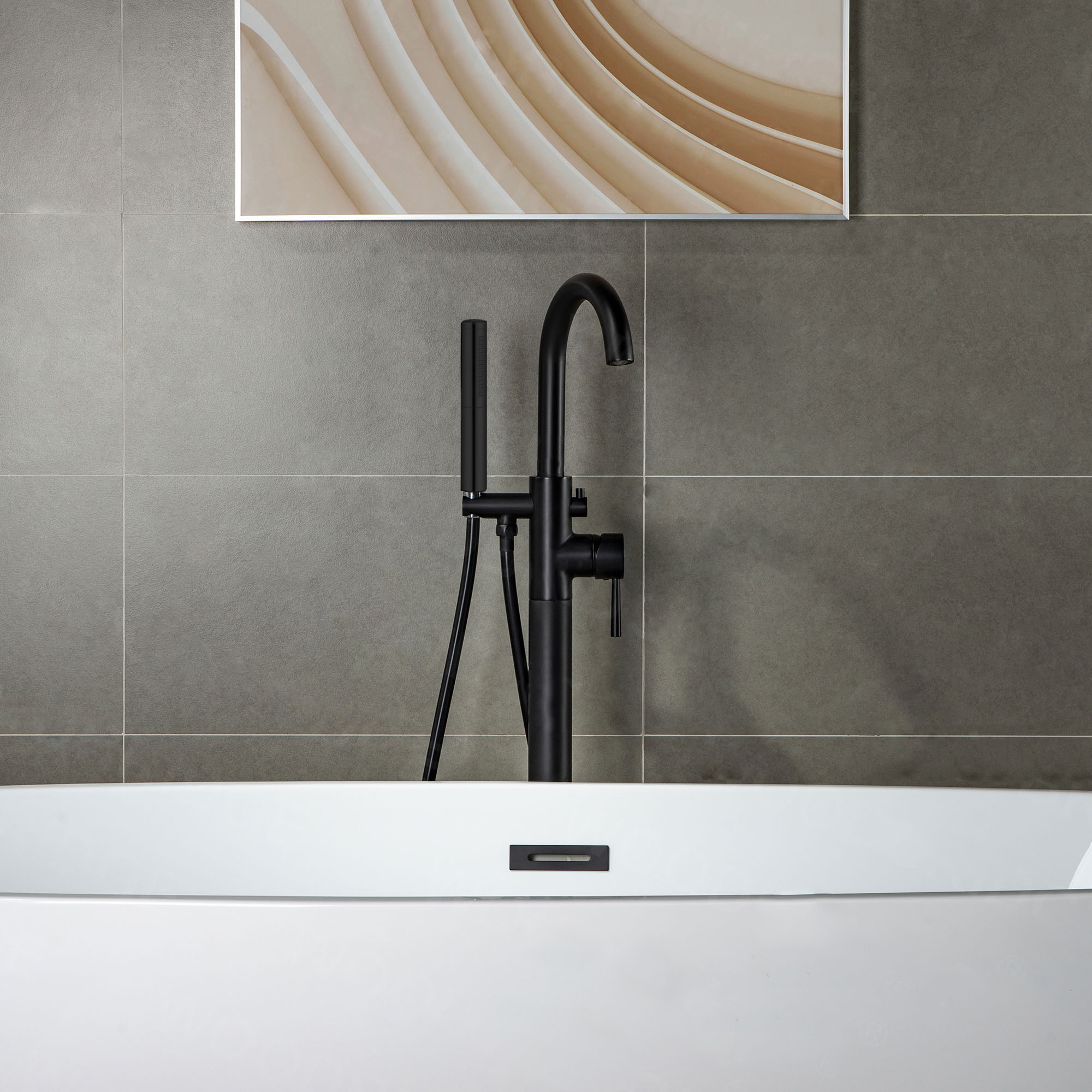  WOODBRIDGE F0006MBDR Contemporary Single Handle Floor Mount Freestanding Tub Filler Faucet with Hand shower in Matte Black Finish._14892