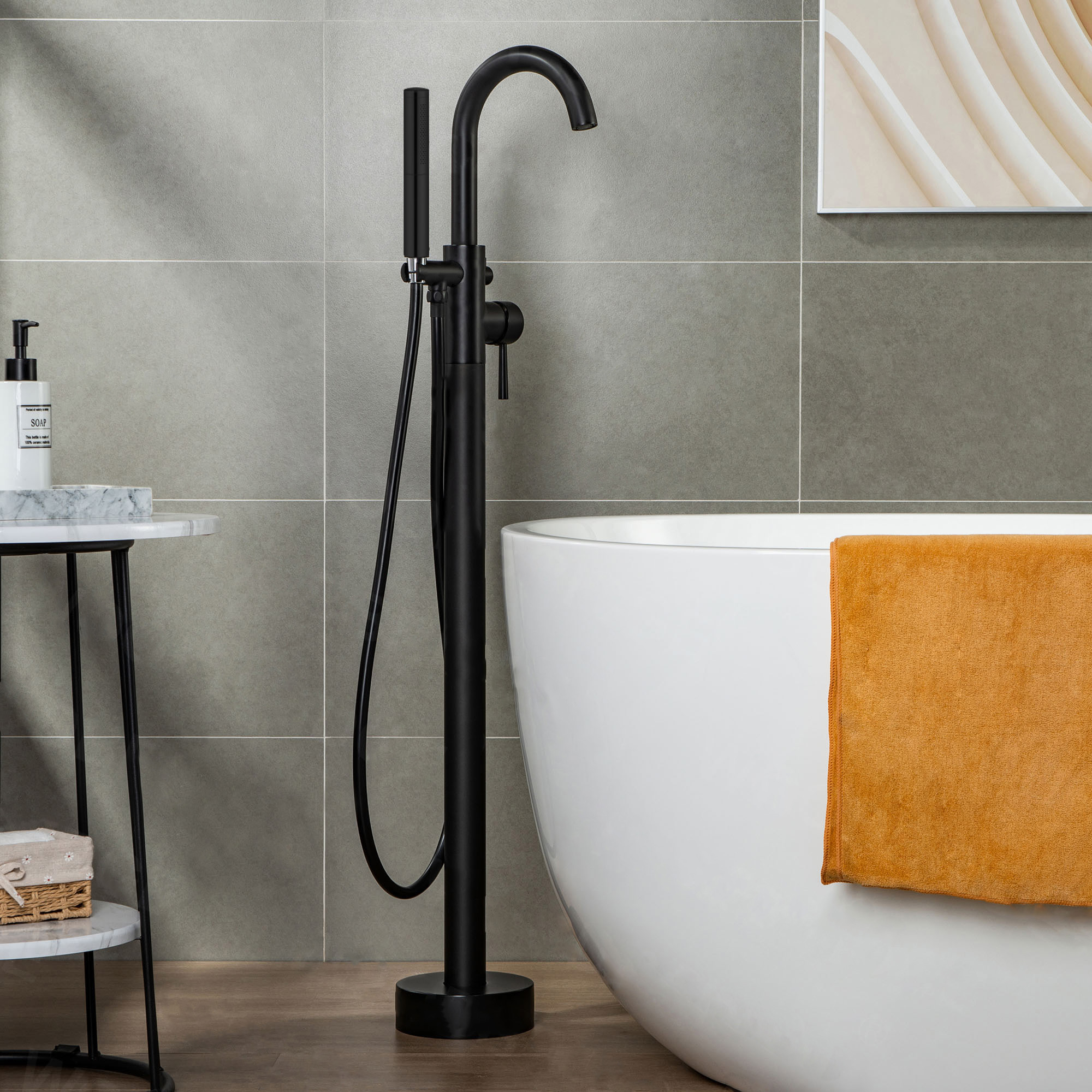  WOODBRIDGE F0006MBDR Contemporary Single Handle Floor Mount Freestanding Tub Filler Faucet with Hand shower in Matte Black Finish._14897