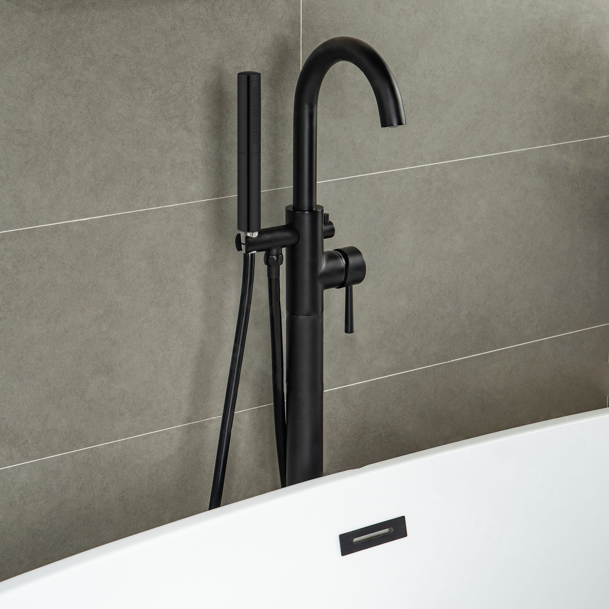 WOODBRIDGE F0006MBDR Contemporary Single Handle Floor Mount Freestanding Tub Filler Faucet with Hand shower in Matte Black Finish._14904