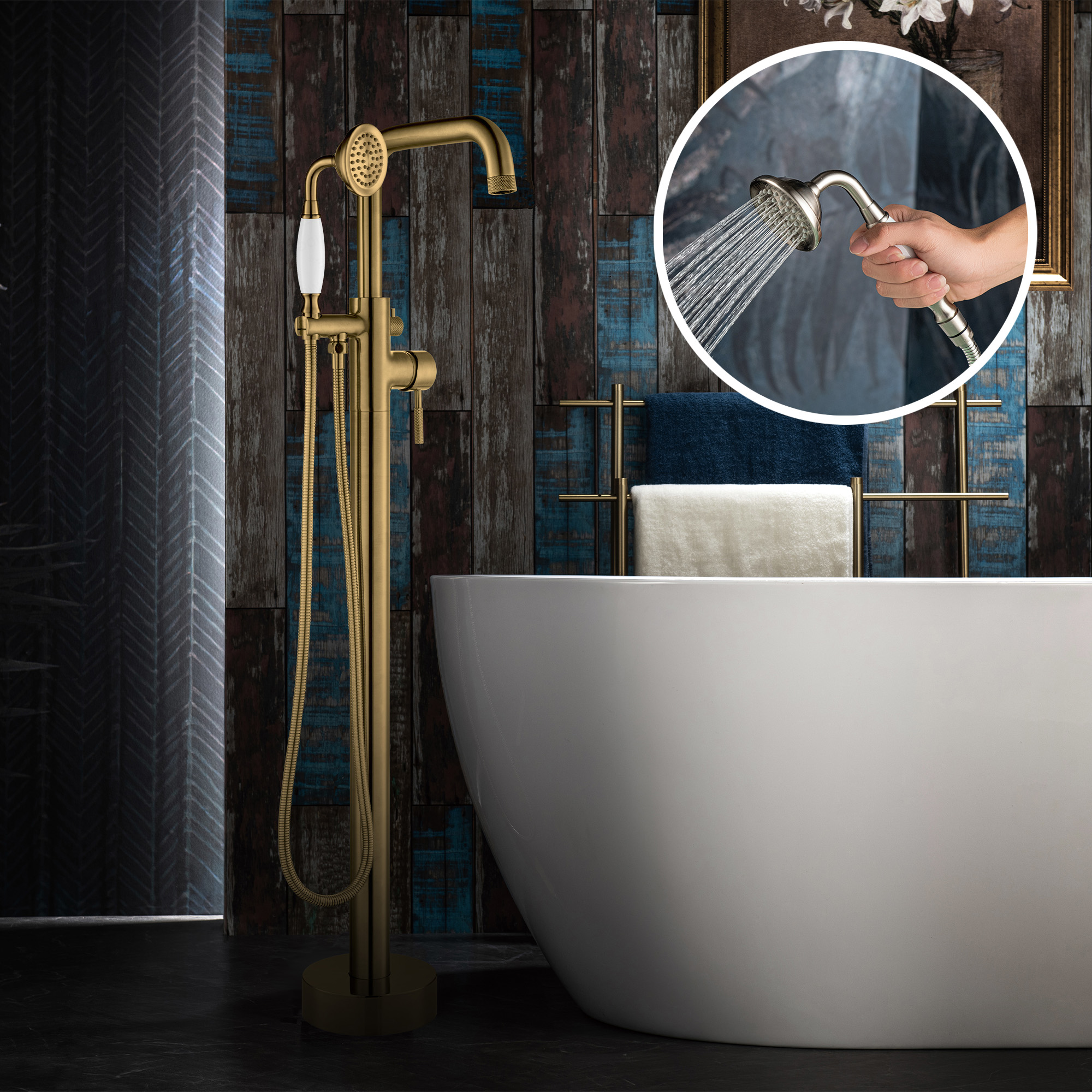 WOODBRIDGE F0073BGVT Fusion Single Handle Floor Mount Freestanding Tub Filler Faucet with Classic Telephone Style Hand Shower in Brushed Gold Finish.