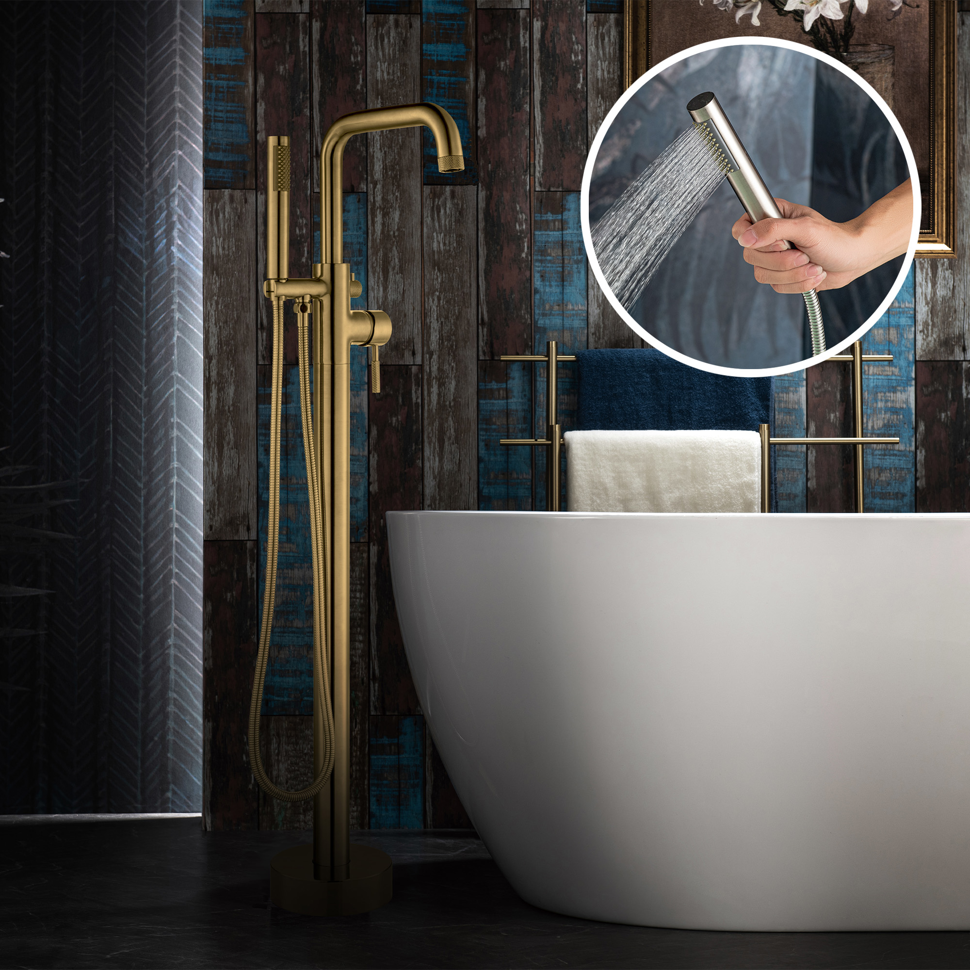 WOODBRIDGE F0073BGRD Contemporary Single Handle Floor Mount Freestanding Tub Filler Faucet with Cylinder Style Hand Shower in Brushed Gold Finish.