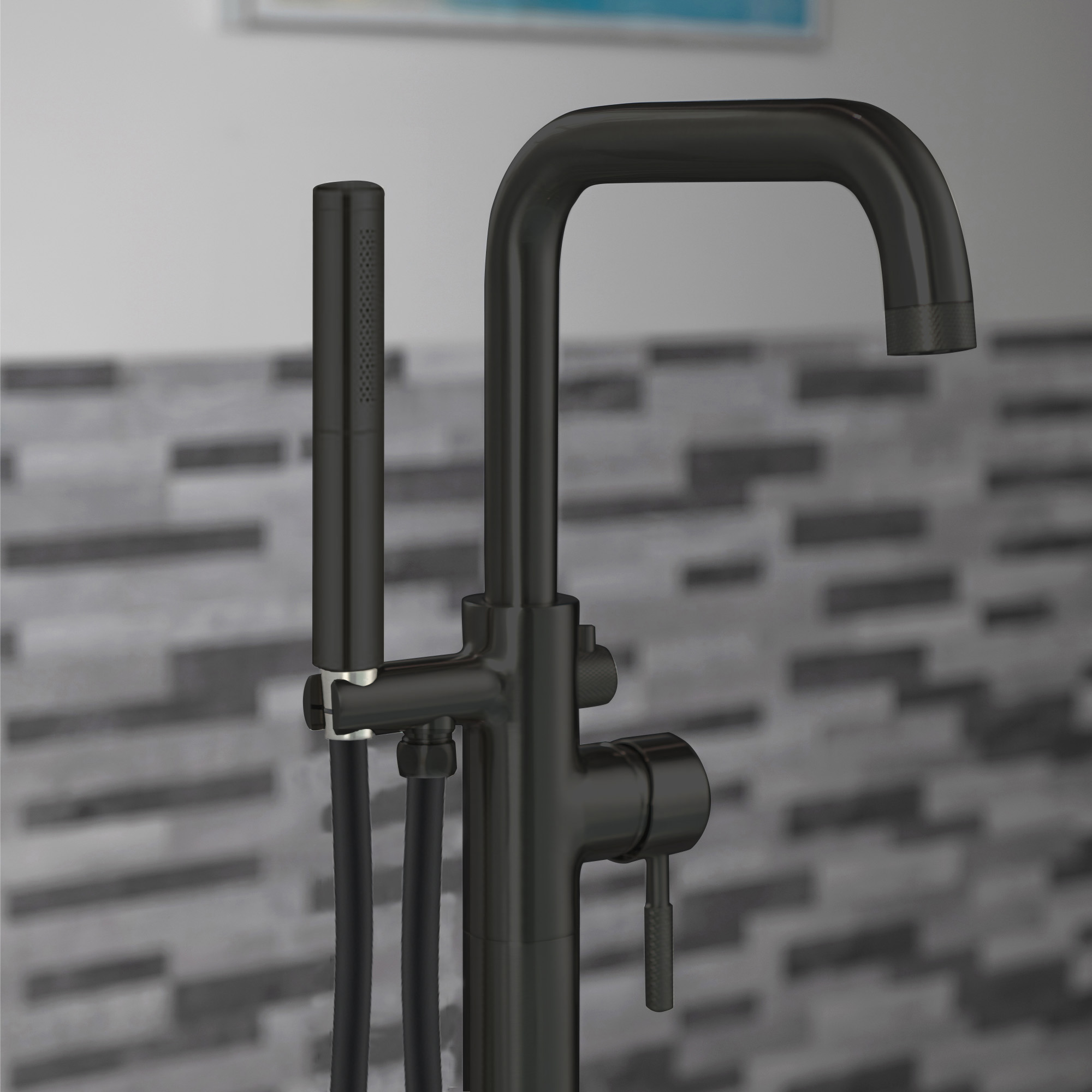  WOODBRIDGE F0072MBDR Contemporary Single Handle Floor Mount Freestanding Tub Filler Faucet with 2 Function Cylinder Style Hand Shower in Matte Black Finish._15148