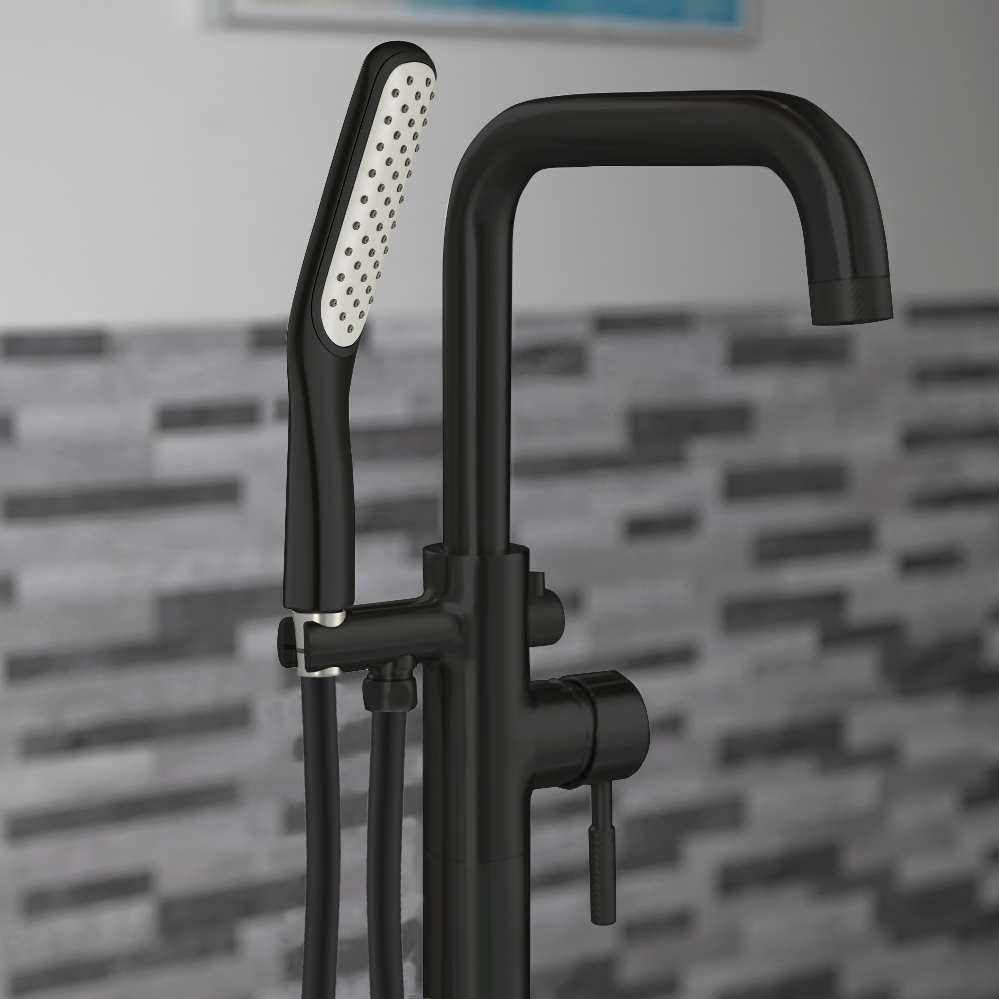  WOODBRIDGE F0072MBSQ Fusion Single Handle Floor Mount Freestanding Tub Filler Faucet with Square Shape Hand Shower in Matte Black Finish._15149