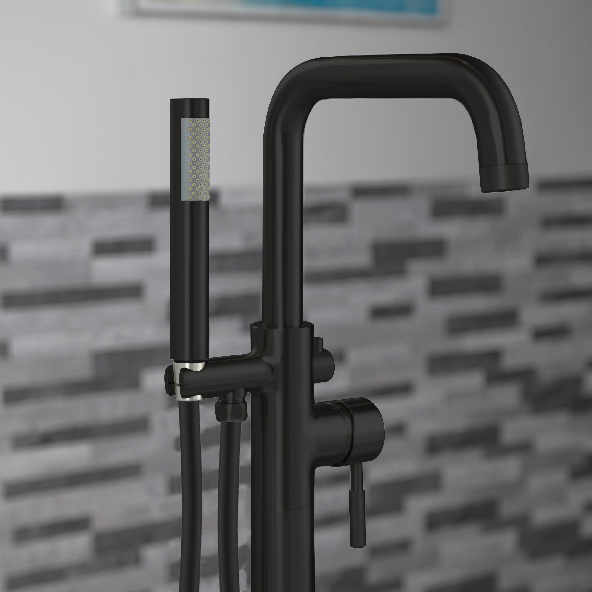  WOODBRIDGE F0072MBRD Contemporary Single Handle Floor Mount Freestanding Tub Filler Faucet with Cylinder Style Hand Shower in Matte Black Finish._15151