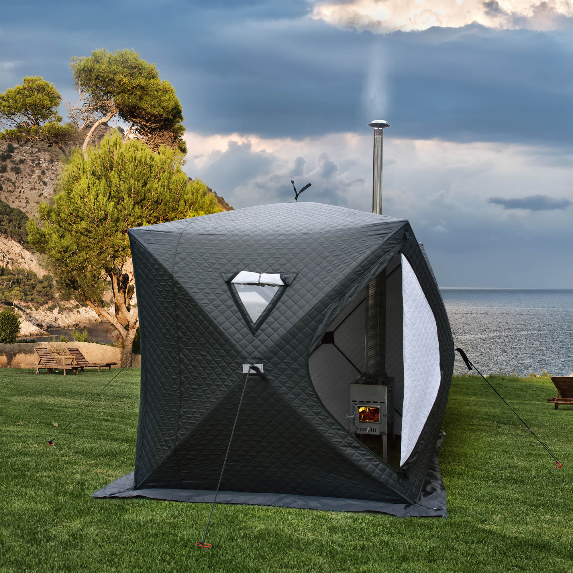 Portable Outdoor Sauna Tent - 4 People-Sauna Stove &  Pine Folding Stool Included