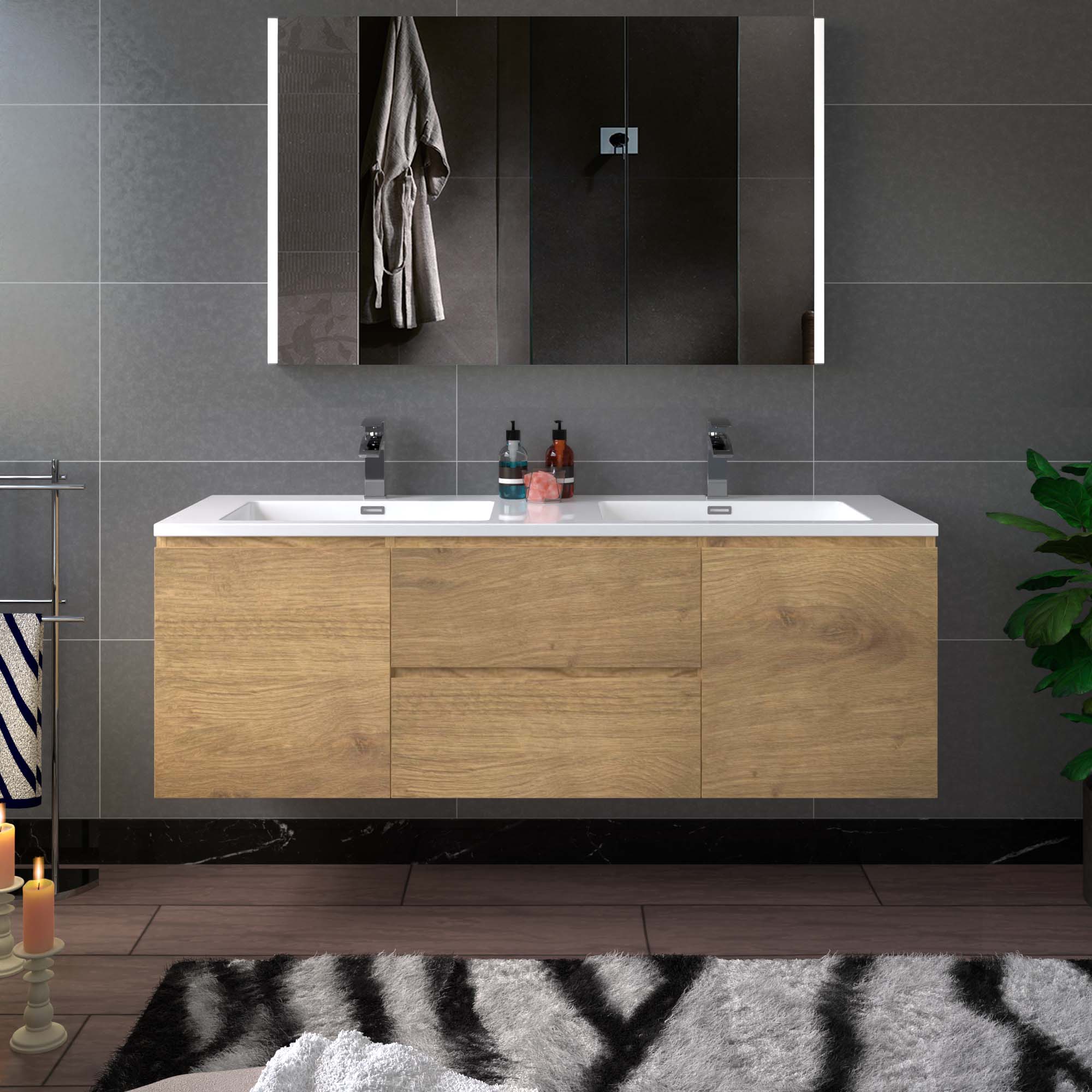 WOODBRIDGE 59 in. W x 19 in. D Wall Mounted Floating Vanity in Nature Oak with Resin Composite Vanity Top in Glossy White