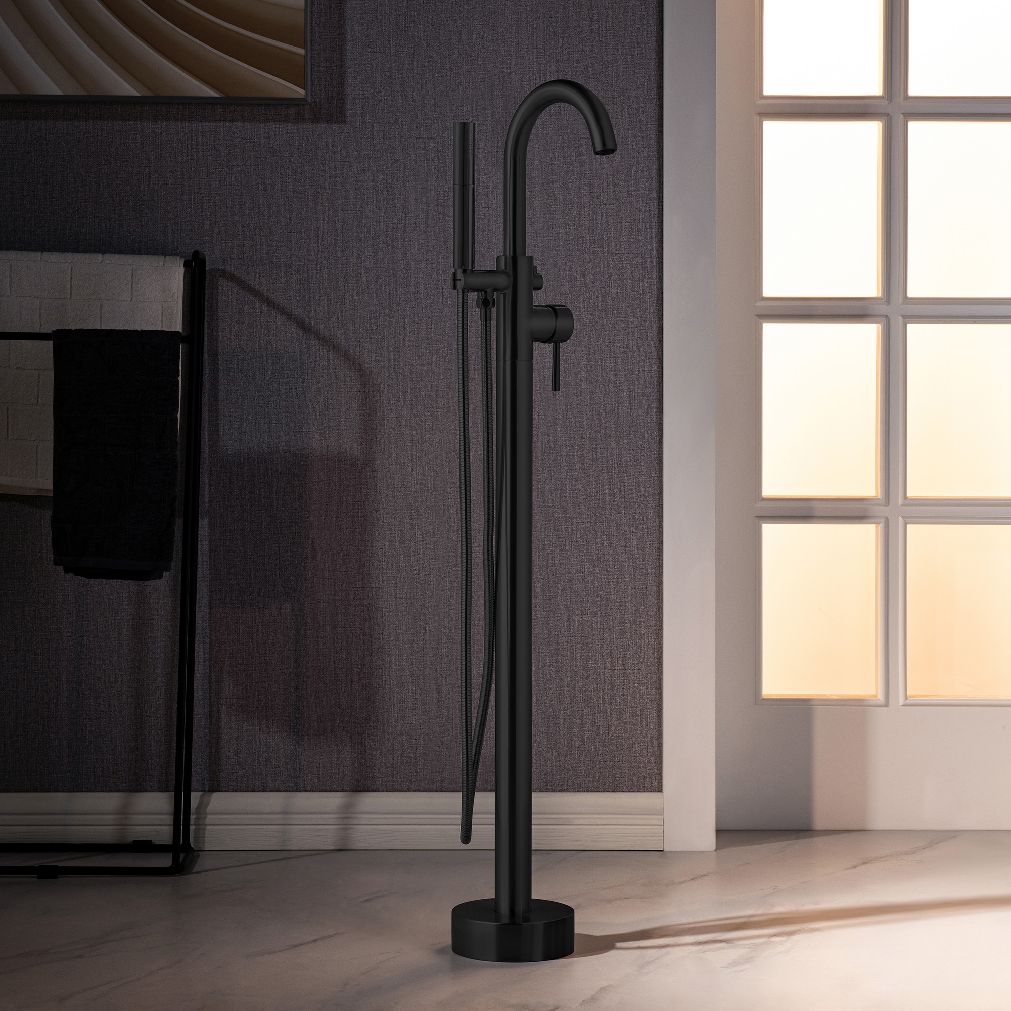 WOODBRIDGE F0025MBDR Contemporary Single Handle Floor Mount Freestanding Tub Filler Faucet with 2 Function Cylinder Style Hand Shower in Matte Black Finish.