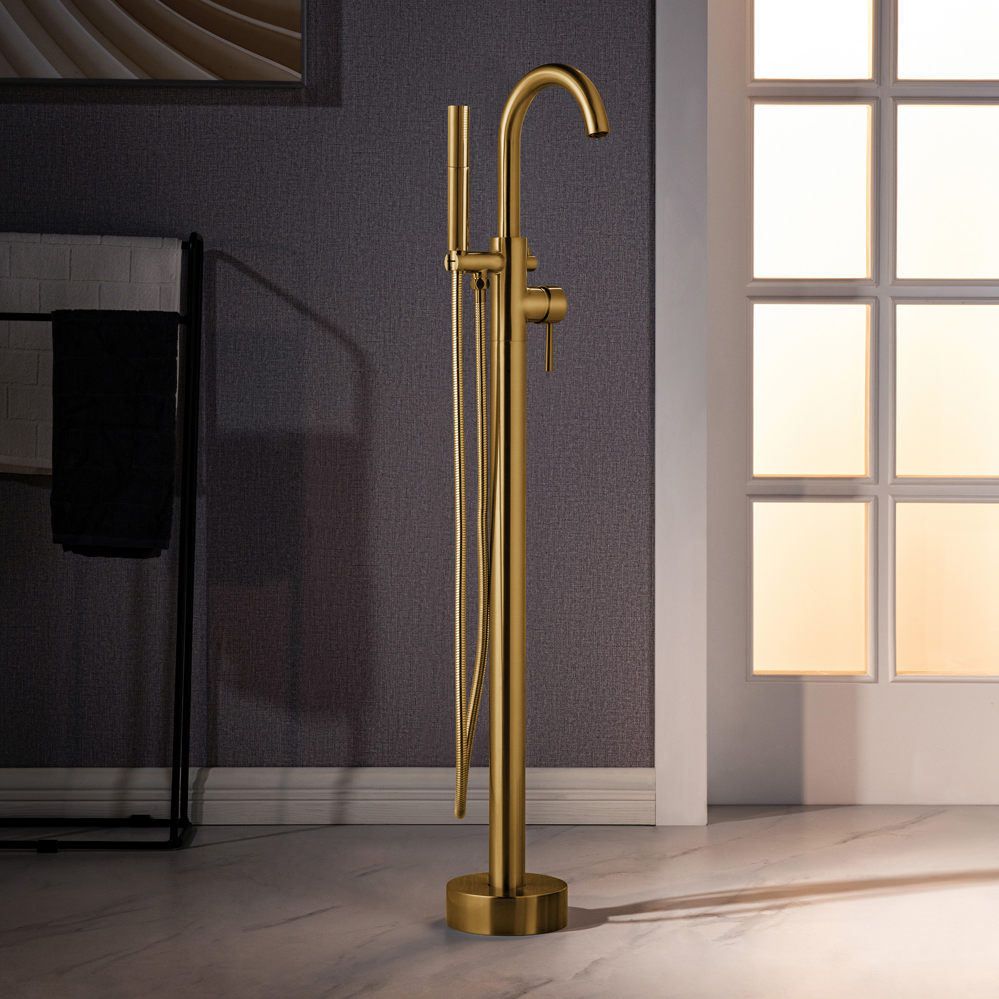 WOODBRIDGE F0026BGDR Contemporary Single Handle Floor Mount Freestanding Tub Filler Faucet with 2 Function Cylinder Style Hand Shower in Brushed Gold Finish.