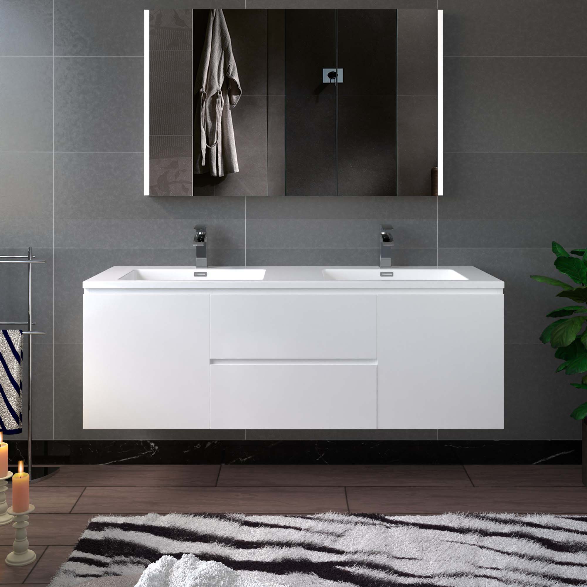 WOODBRIDGE 59 in. W x 19 in. D Wall Mounted Floating Vanity in Glossy White with Resin Composite Vanity Top in Glossy White