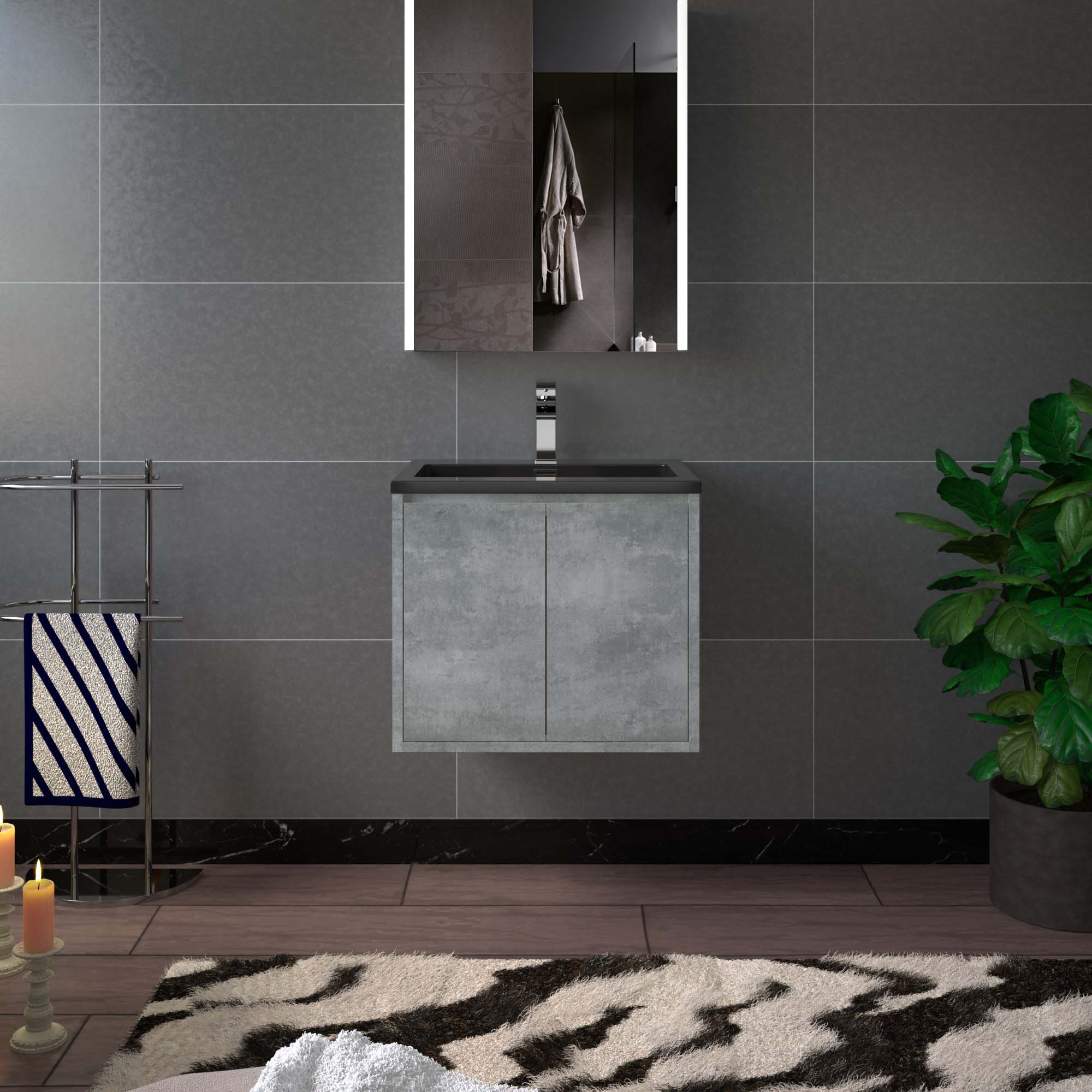 WOODBRIDGE 24 in. W x 19 in. D Bathroom Vanity in Gray with Quartz Sand Composite Vanity Top in Matte Black, with Stainless Steel Frame
