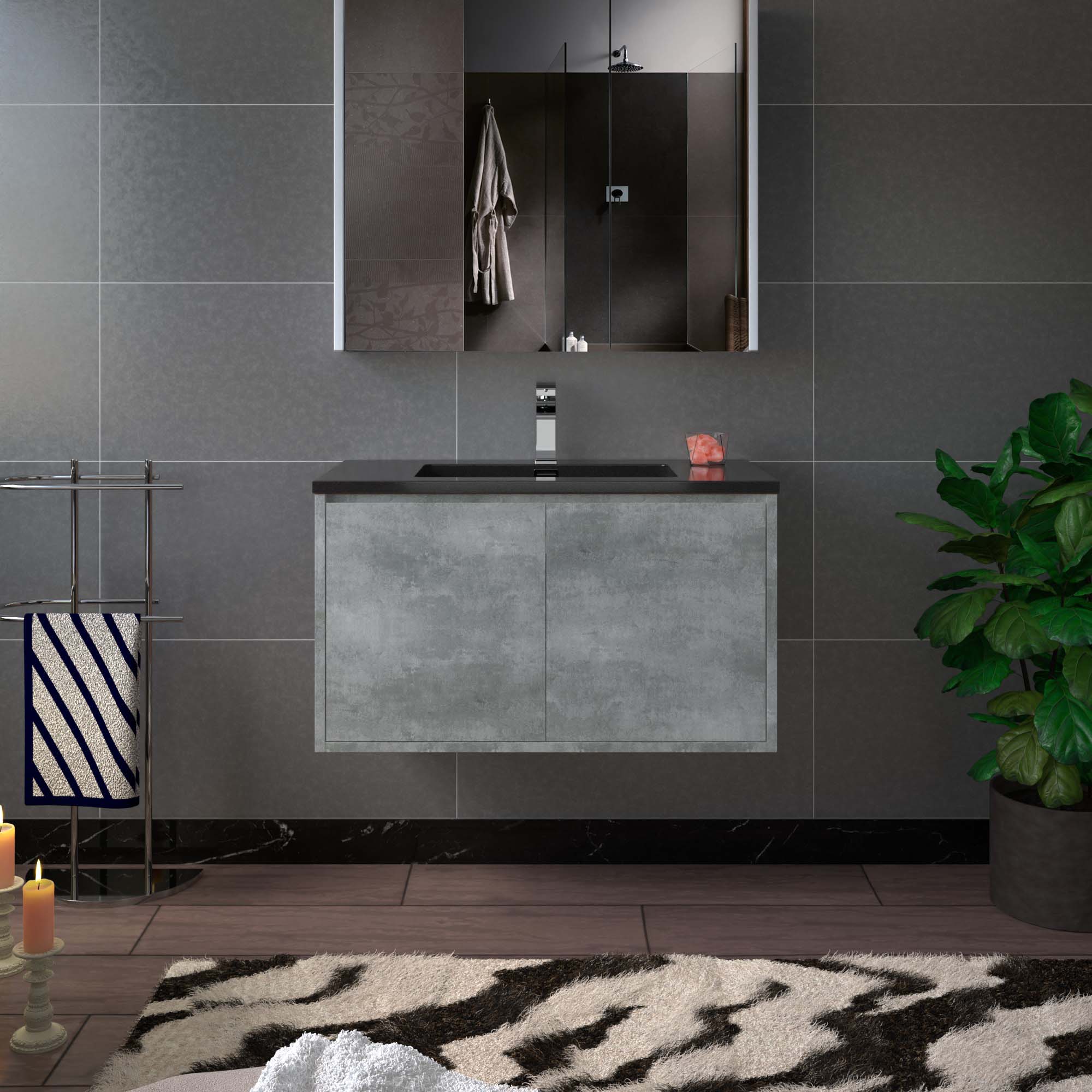 WOODBRIDGE 36 in. W x 19 in. D Bathroom Vanity in Gray with Quartz Sand Composite Vanity Top in Matte Black, with Stainless Steel Frame