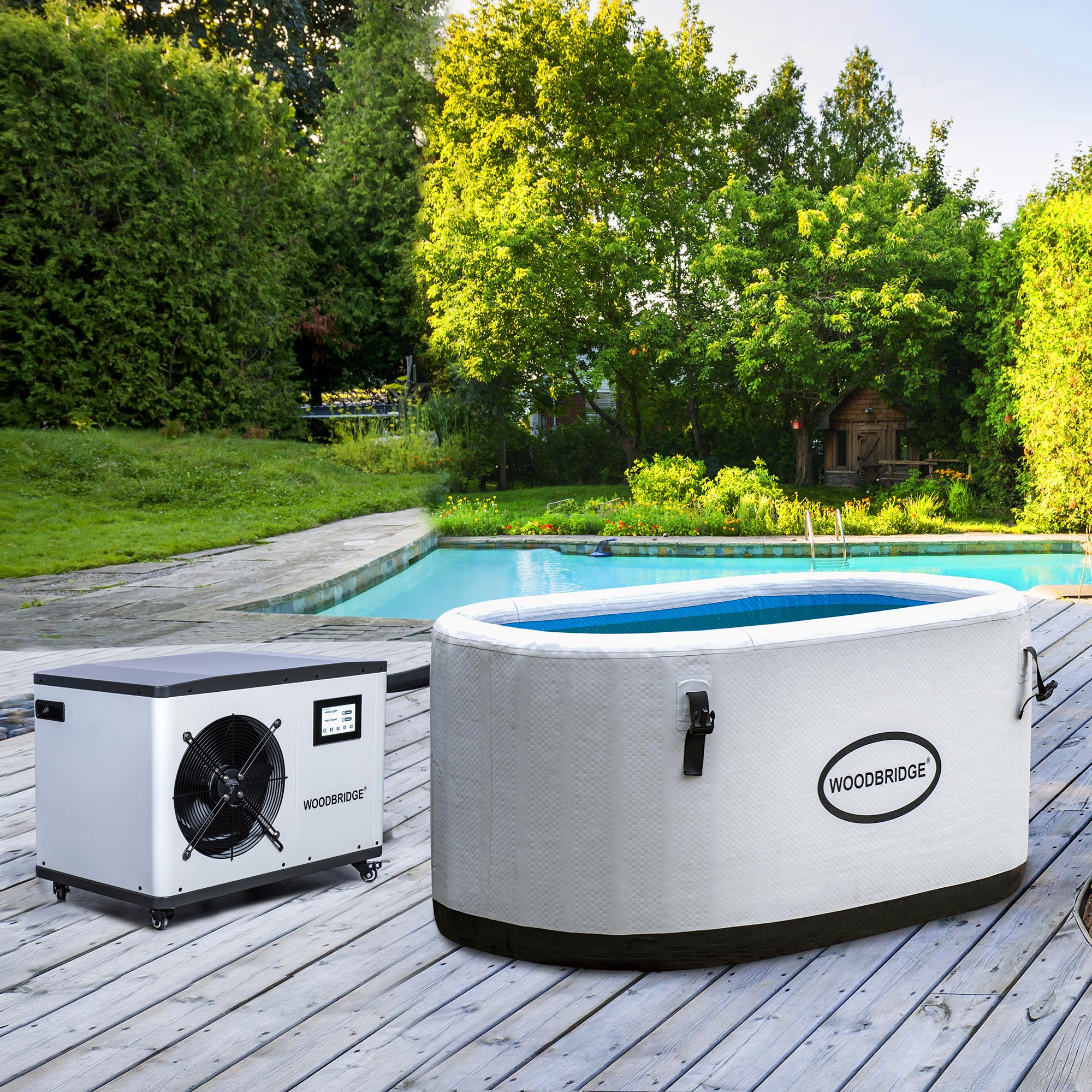 WOODBRIDGE Inflatable Cold Plunge Tub with 1.3 HP High-Performance Cooling and Heating Chiller in White,Filter circulation system,PVC Insulated Lid, Hand Pump and Repair Kit Included, Anti-Slid Bottom