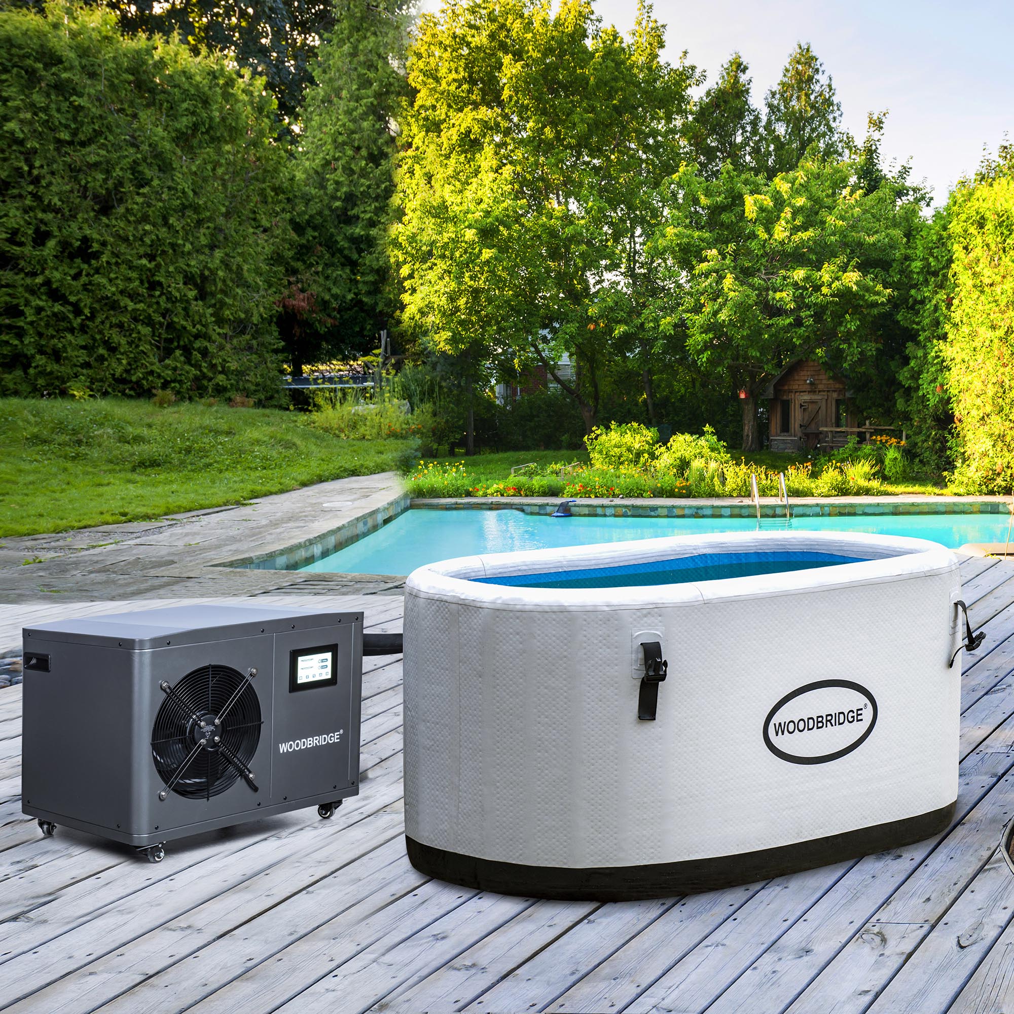 WOODBRIDGE Inflatable Cold Plunge Tub with 1.3 HP High-Performance Cooling and Heating Chiller in Gray,Filter circulation system, PVC Insulated Lid, Hand Pump and Repair Kit Included, Anti-Slid Bottom
